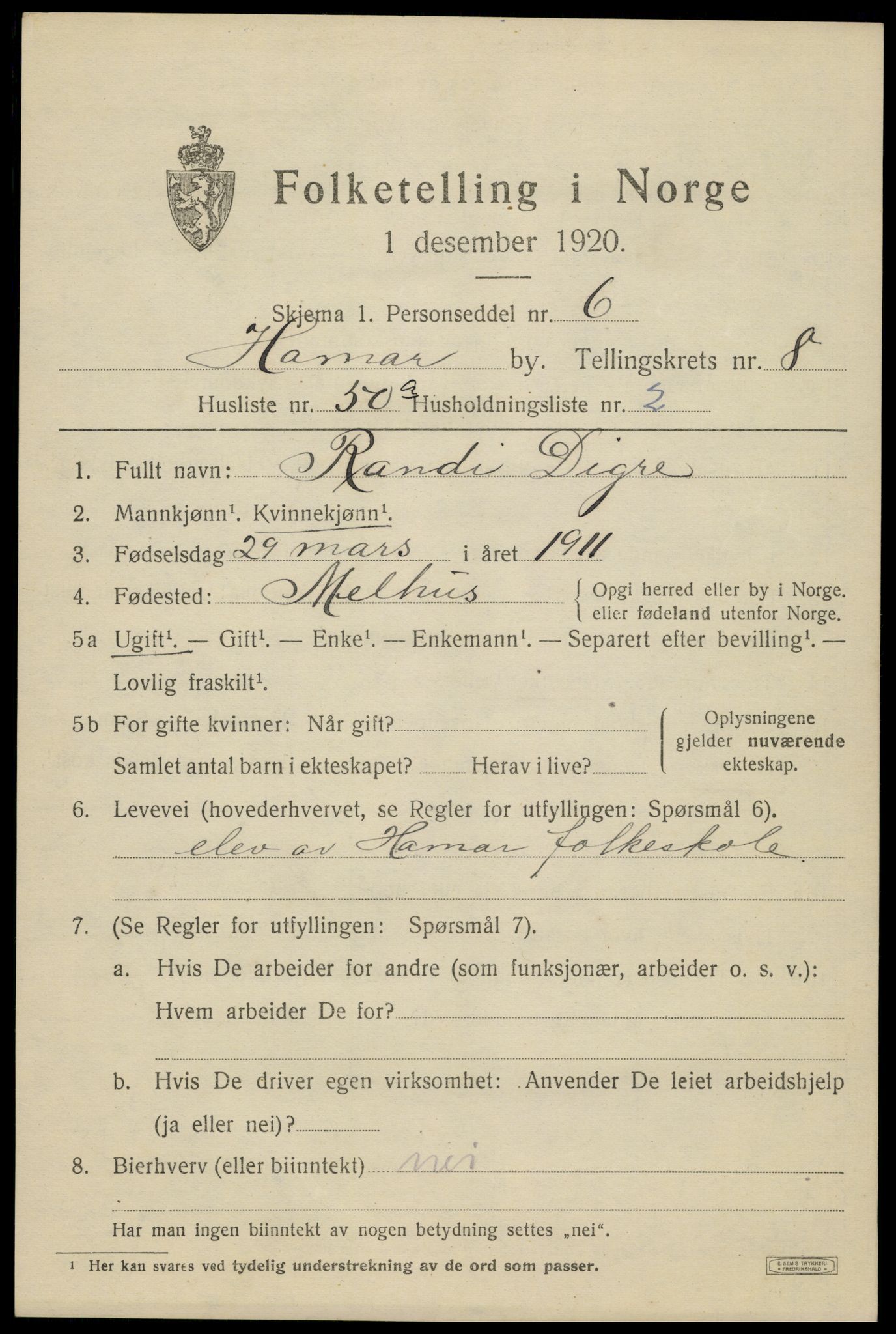 SAH, 1920 census for Hamar, 1920, p. 15835