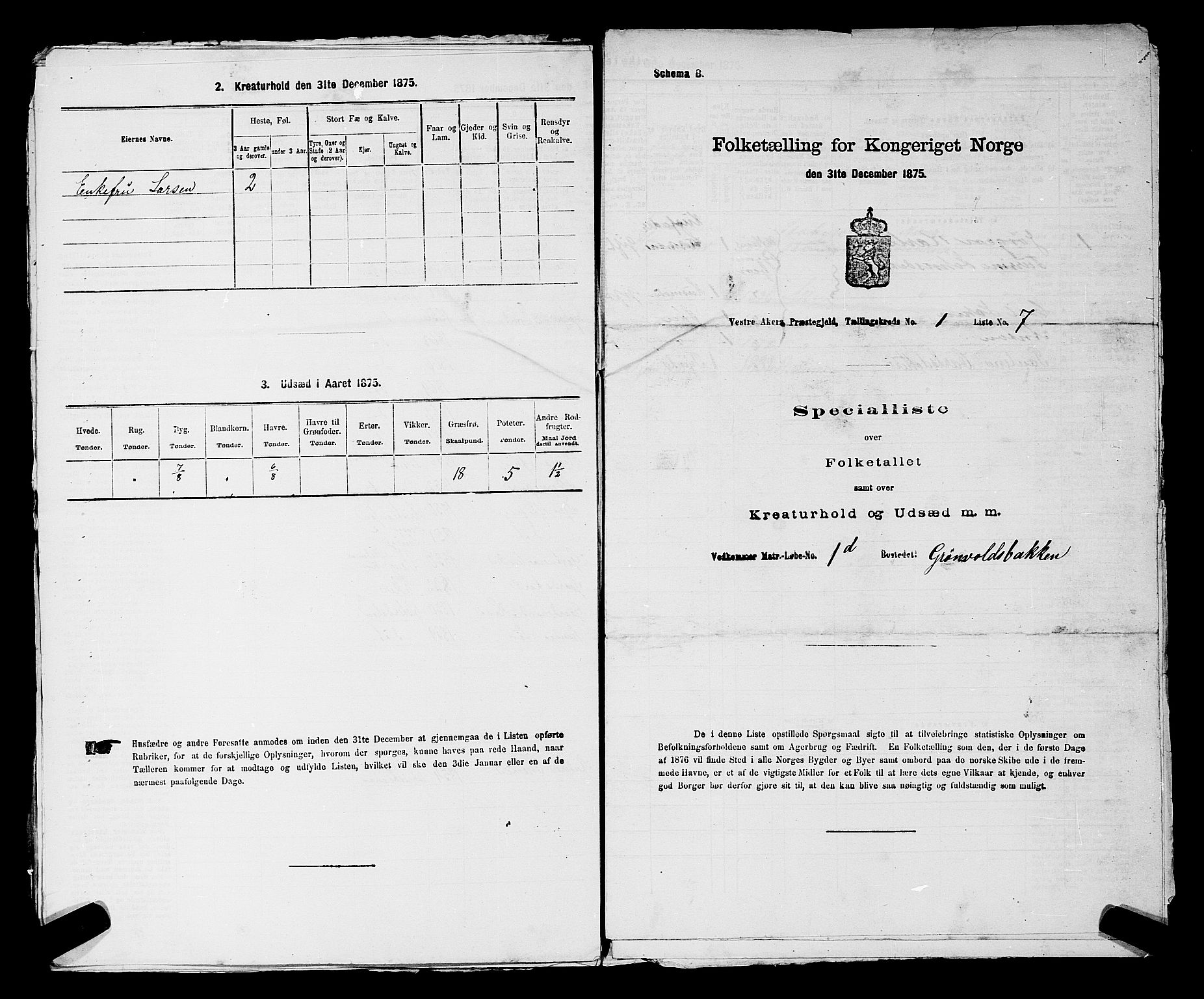 RA, 1875 census for 0218aP Vestre Aker, 1875, p. 165