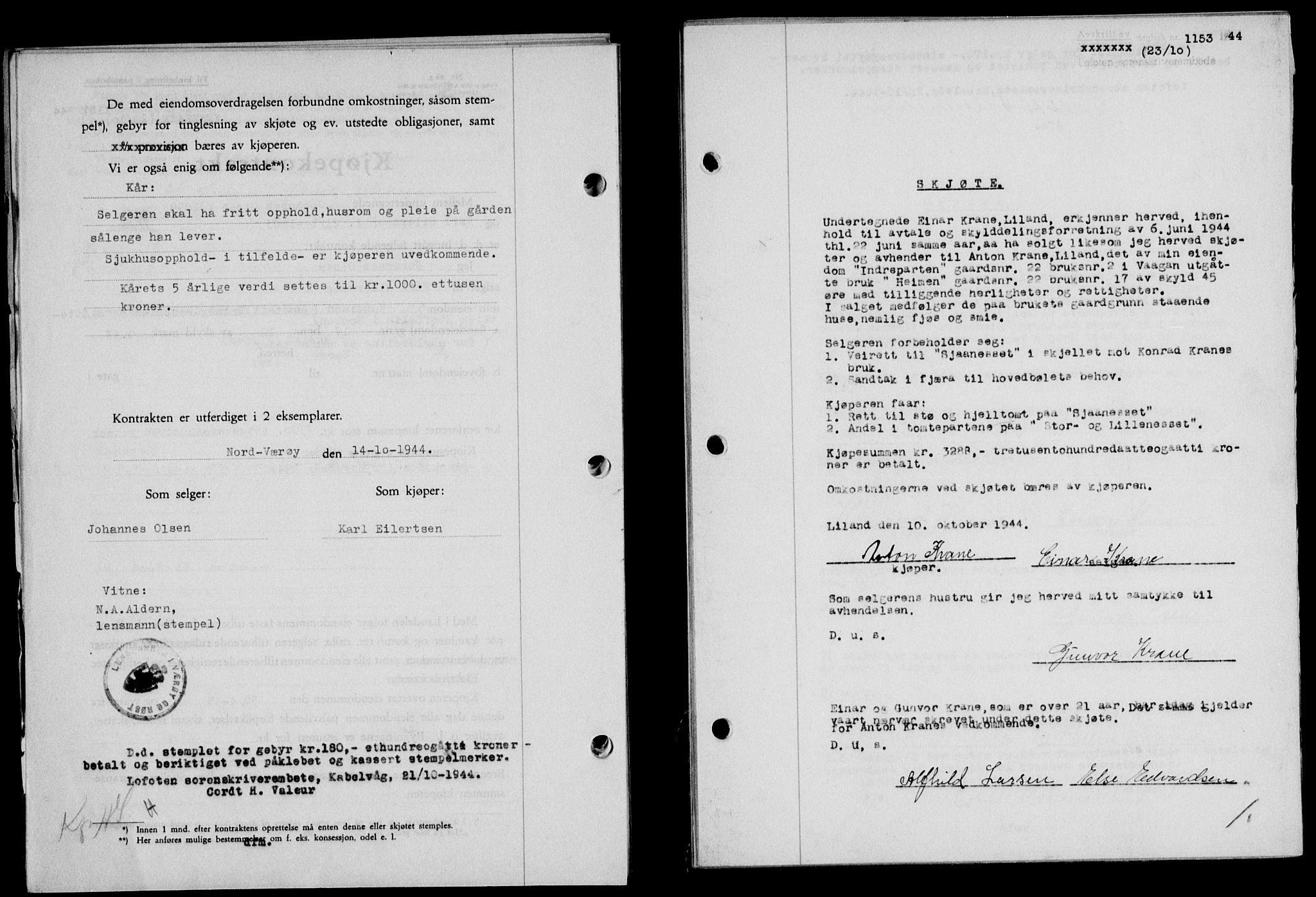 Lofoten sorenskriveri, SAT/A-0017/1/2/2C/L0012a: Mortgage book no. 12a, 1943-1944, Diary no: : 1153/1944