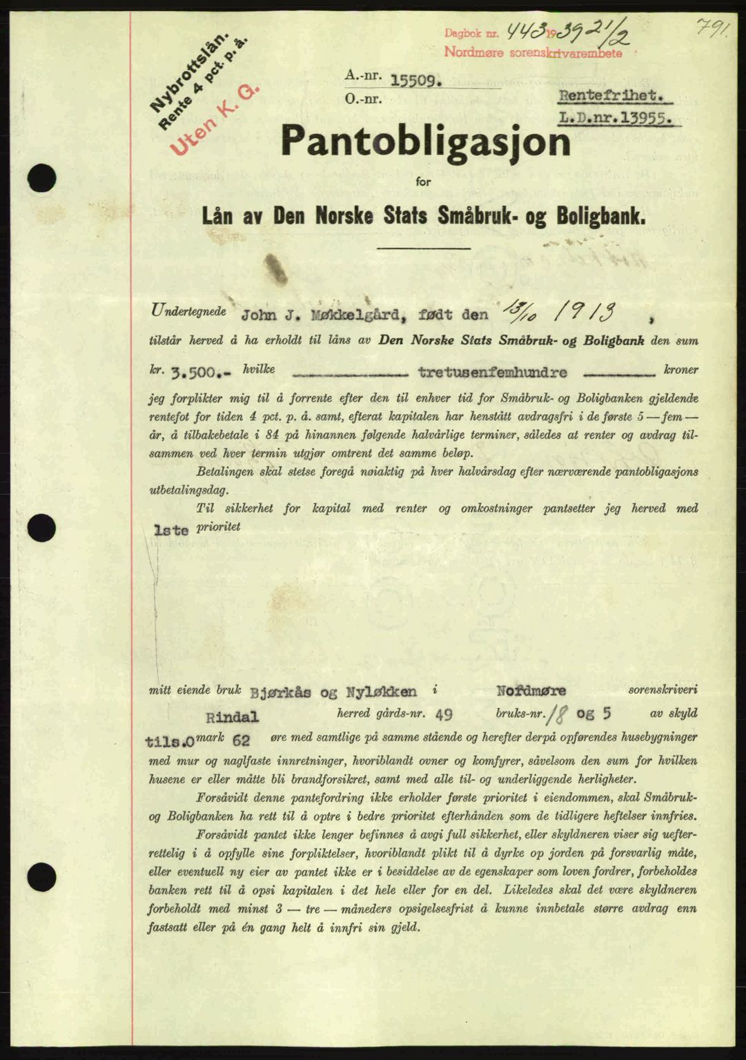 Nordmøre sorenskriveri, SAT/A-4132/1/2/2Ca: Mortgage book no. B84, 1938-1939, Diary no: : 443/1939