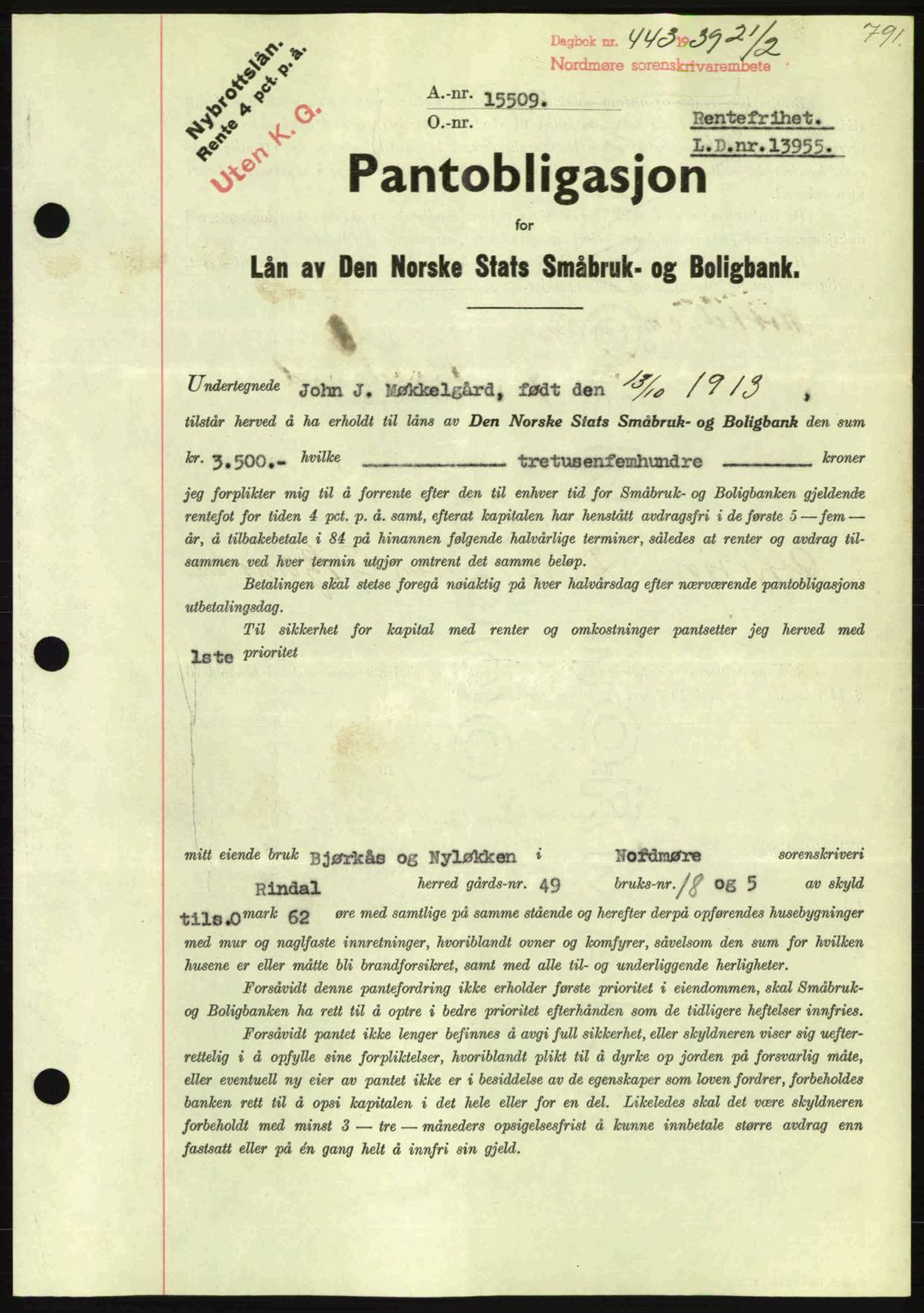 Nordmøre sorenskriveri, AV/SAT-A-4132/1/2/2Ca: Mortgage book no. B84, 1938-1939, Diary no: : 443/1939