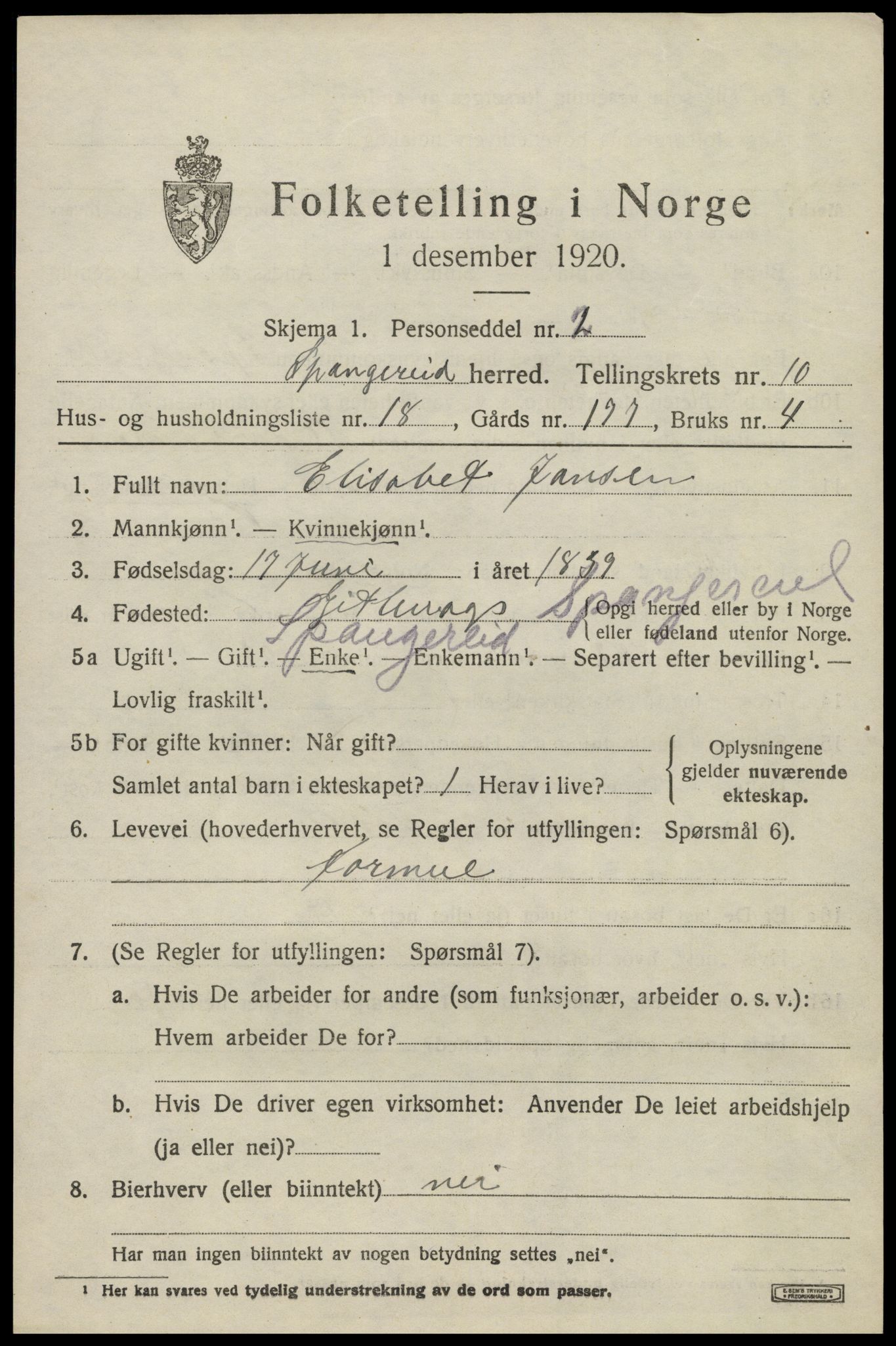 SAK, 1920 census for Spangereid, 1920, p. 3645