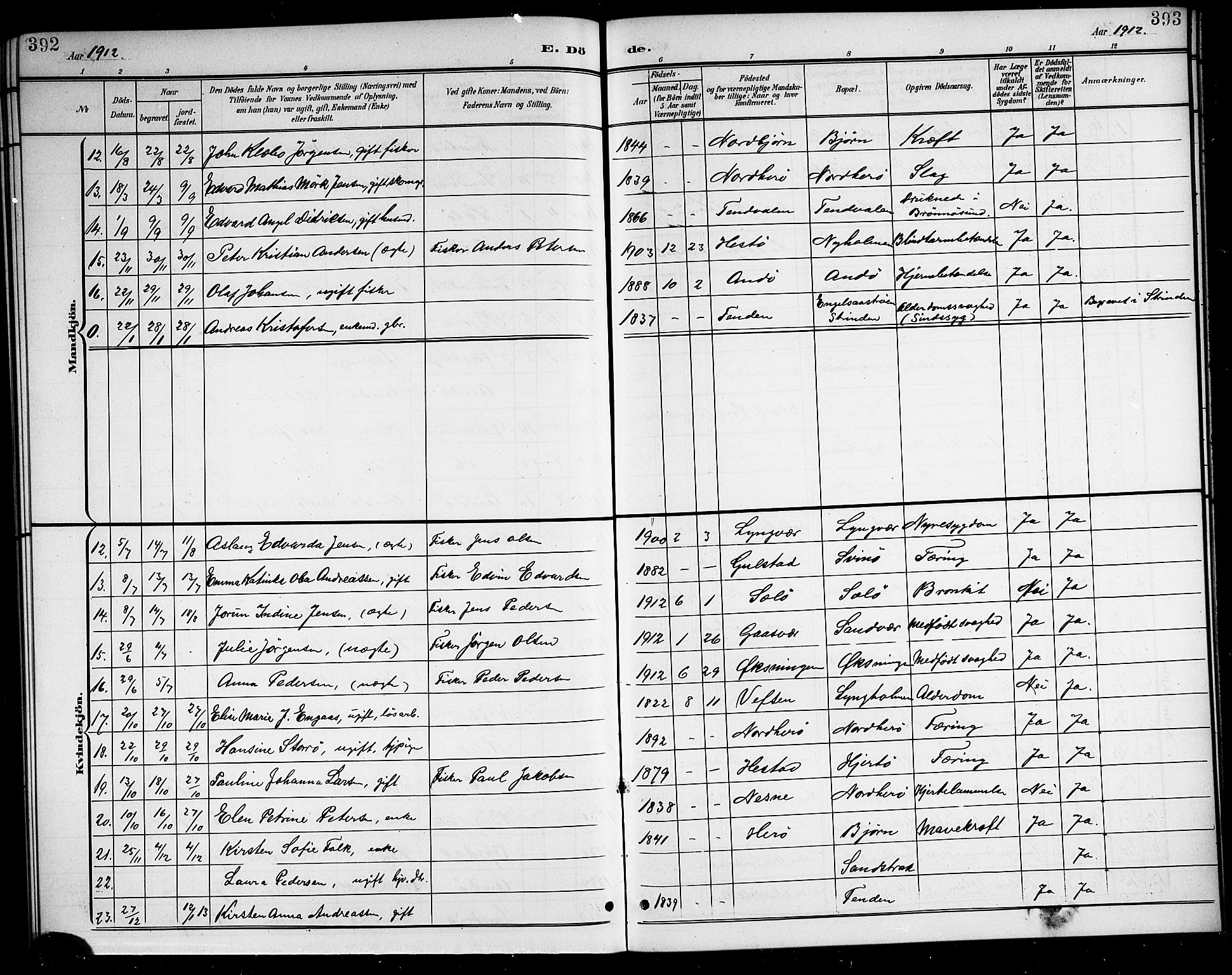 Ministerialprotokoller, klokkerbøker og fødselsregistre - Nordland, SAT/A-1459/834/L0516: Parish register (copy) no. 834C06, 1902-1918, p. 392-393