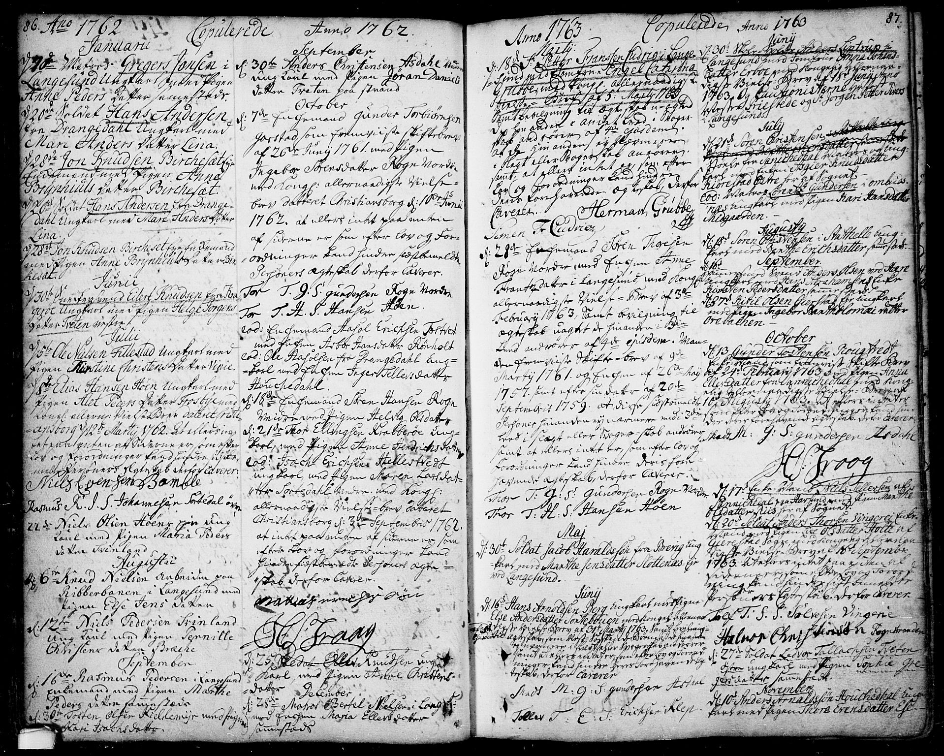 Bamble kirkebøker, AV/SAKO-A-253/F/Fa/L0001: Parish register (official) no. I 1, 1702-1774, p. 86-87