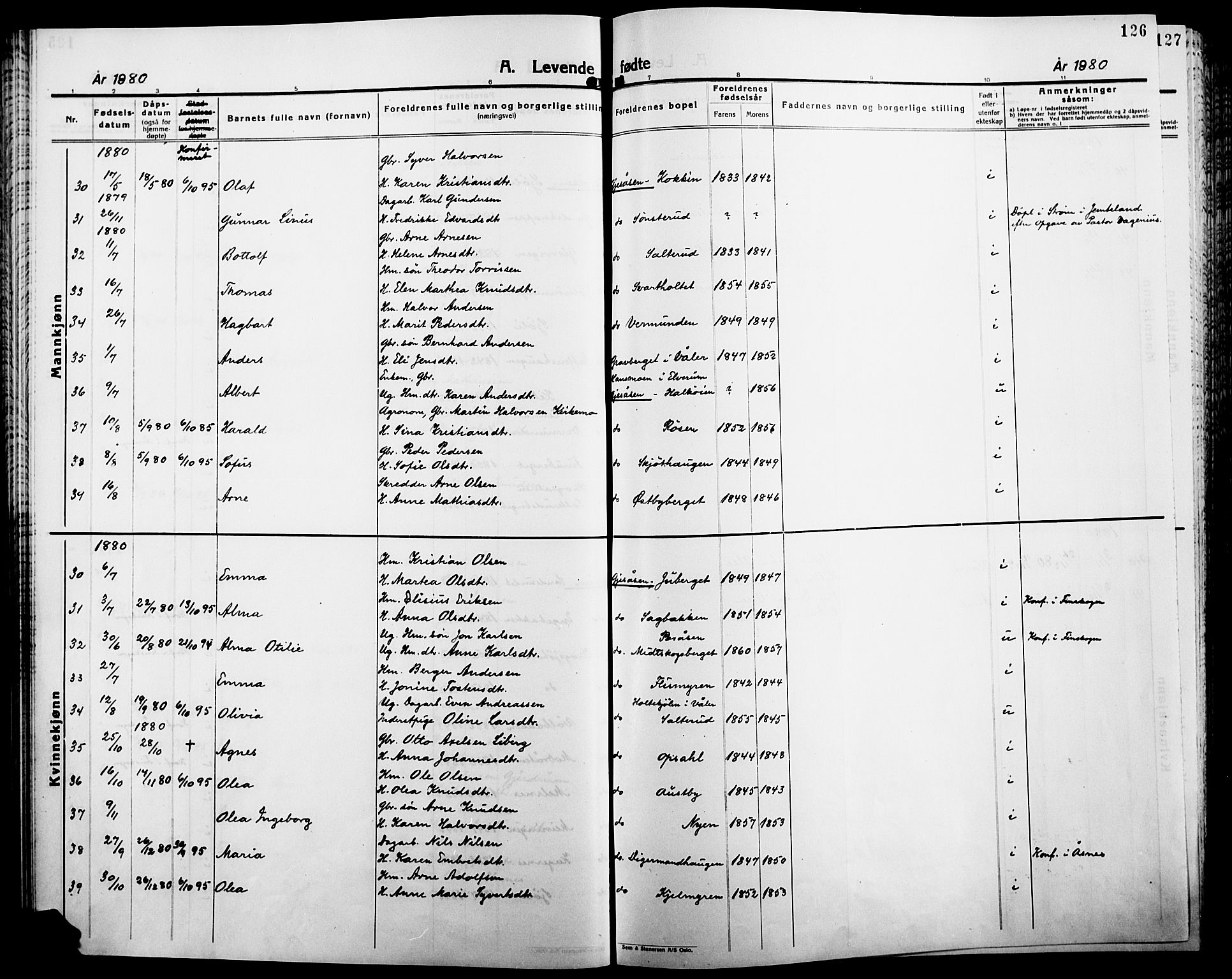 Åsnes prestekontor, SAH/PREST-042/H/Ha/Haa/L0000B: Parish register (official), 1870-1889, p. 126