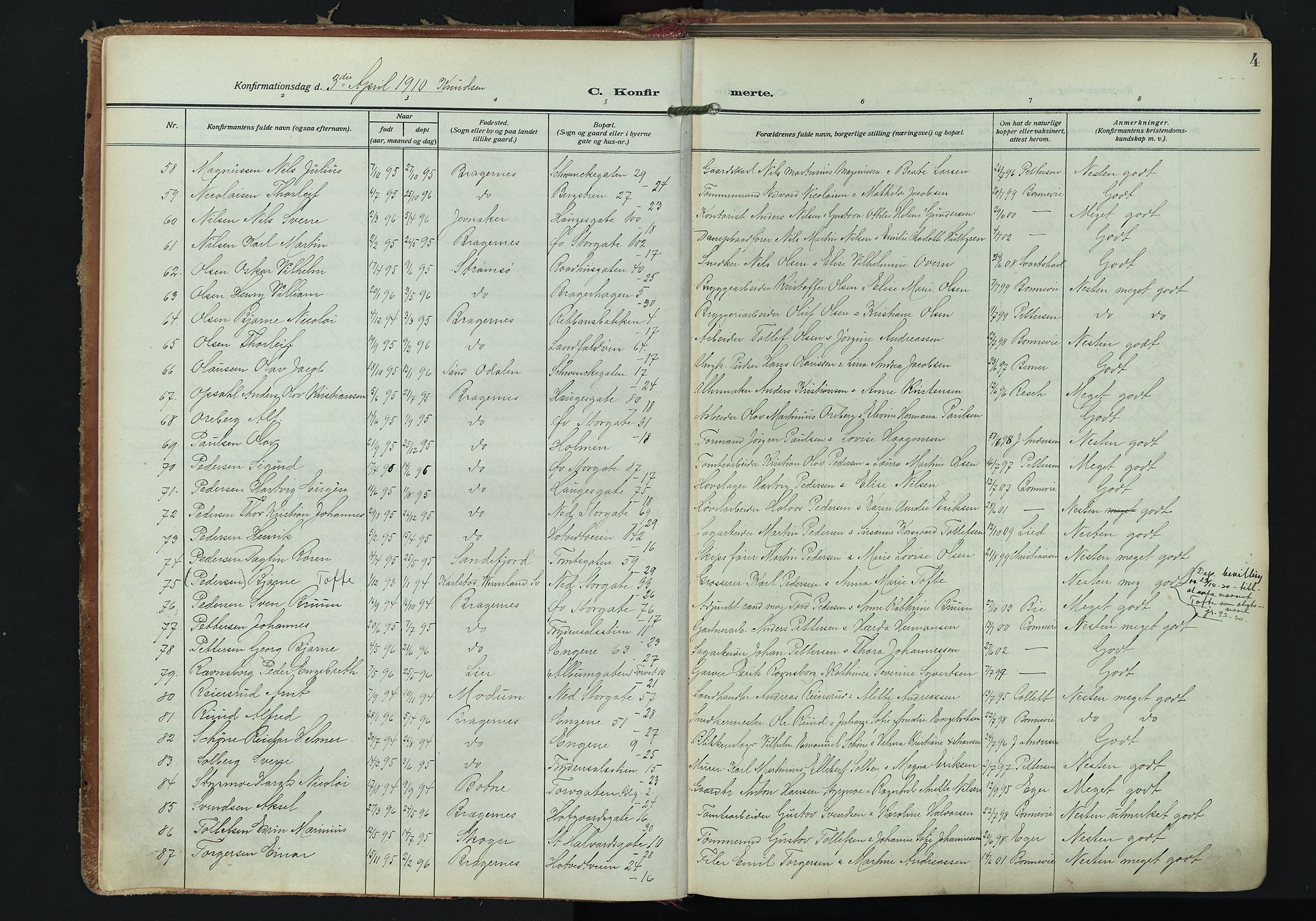 Bragernes kirkebøker, AV/SAKO-A-6/F/Fc/L0008: Parish register (official) no. III 8, 1909-1921, p. 4