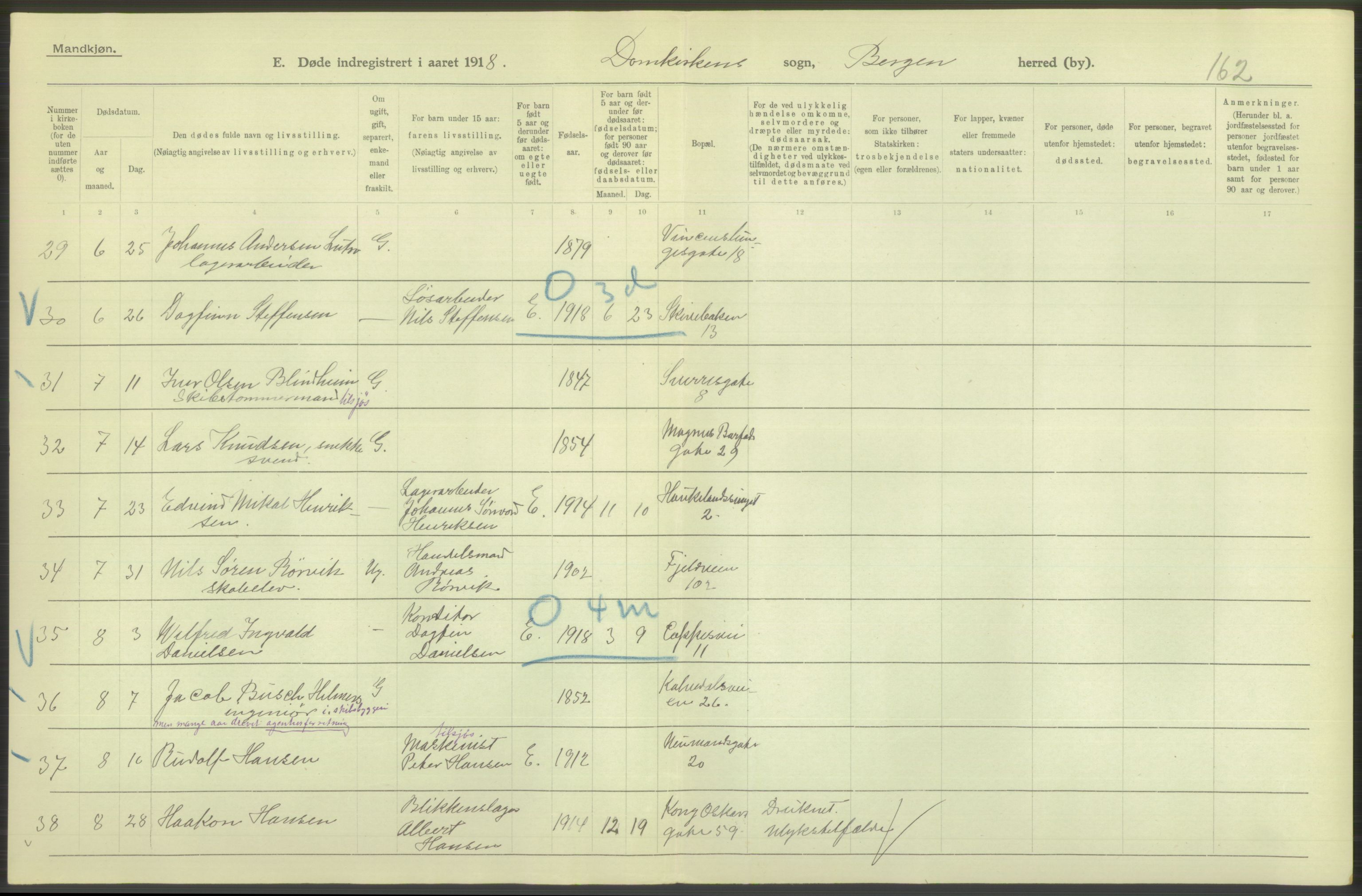 Statistisk sentralbyrå, Sosiodemografiske emner, Befolkning, AV/RA-S-2228/D/Df/Dfb/Dfbh/L0039: Bergen: Døde., 1918, p. 14