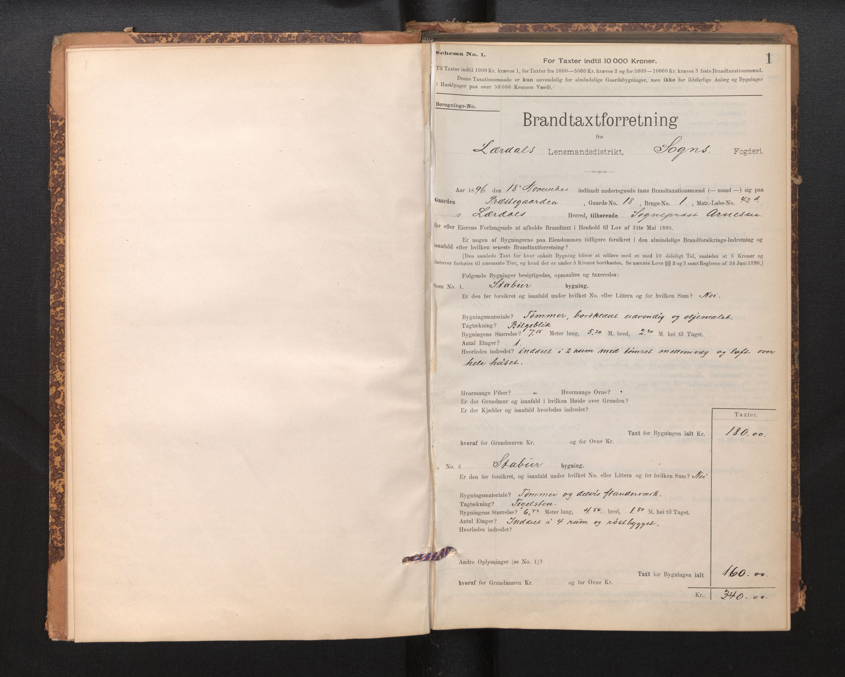 Lensmannen i Lærdal, SAB/A-29401/0012/L0006: Branntakstprotokoll, skjematakst, 1896-1947, p. 1