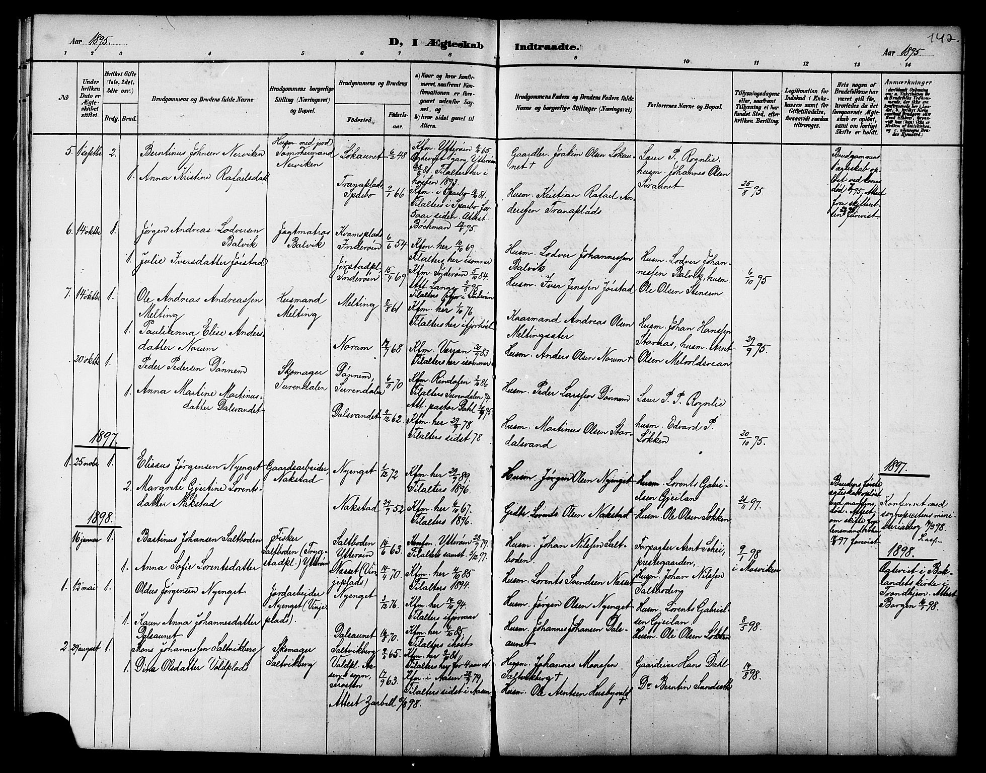 Ministerialprotokoller, klokkerbøker og fødselsregistre - Nord-Trøndelag, AV/SAT-A-1458/733/L0327: Parish register (copy) no. 733C02, 1888-1918, p. 142