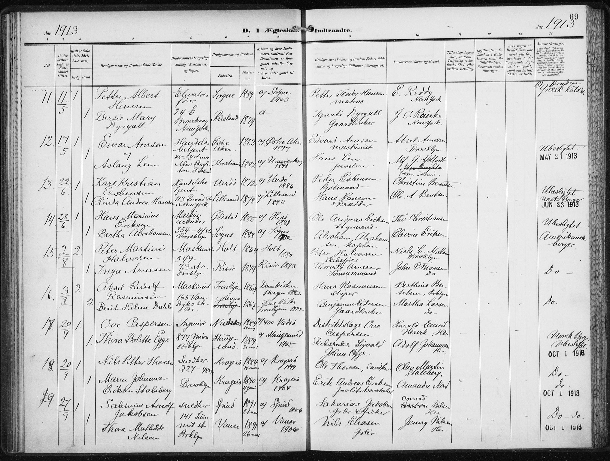 Den norske sjømannsmisjon i utlandet/New York, SAB/SAB/PA-0110/H/Ha/L0006: Parish register (official) no. A 6, 1909-1914, p. 69