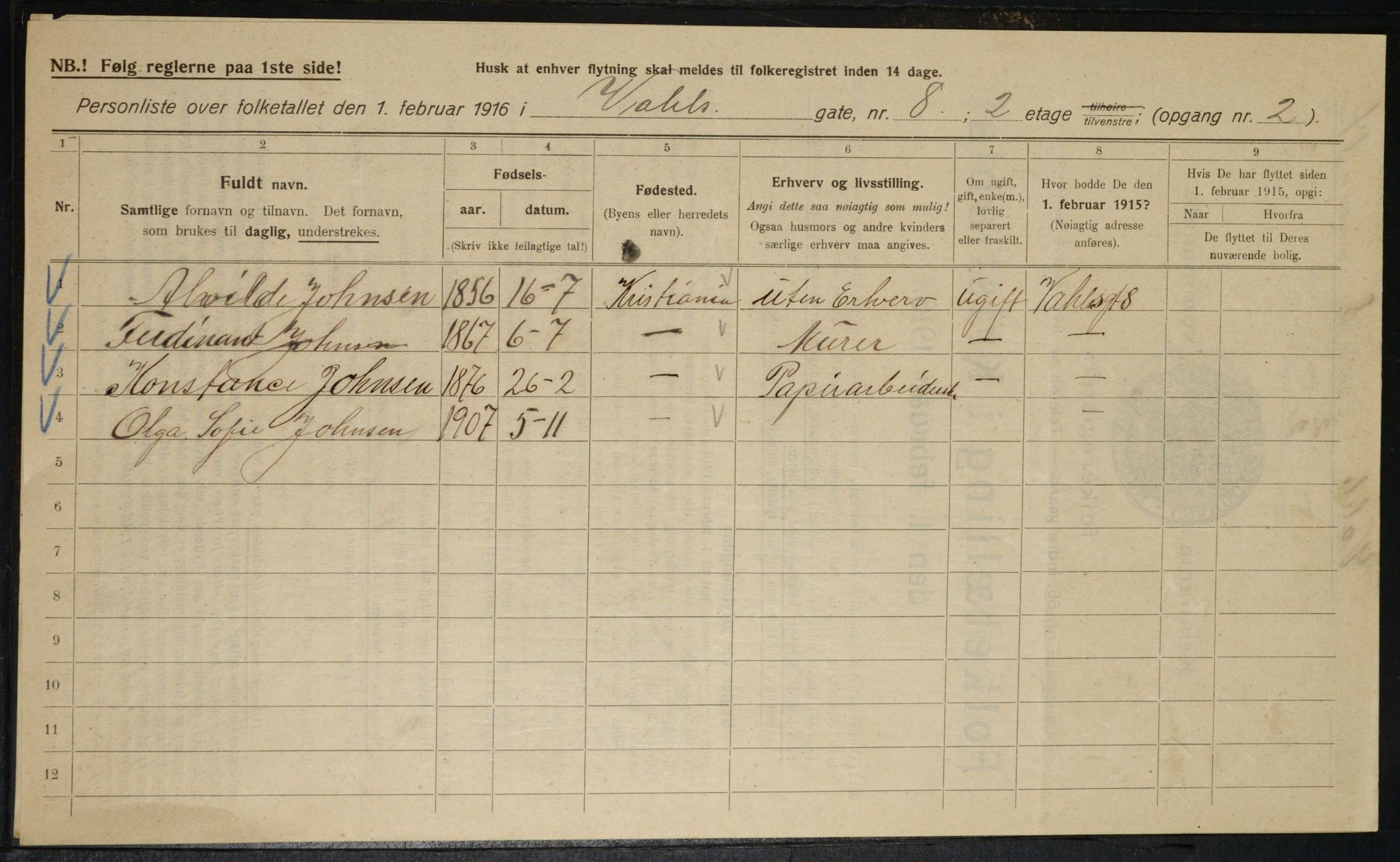 OBA, Municipal Census 1916 for Kristiania, 1916, p. 125316