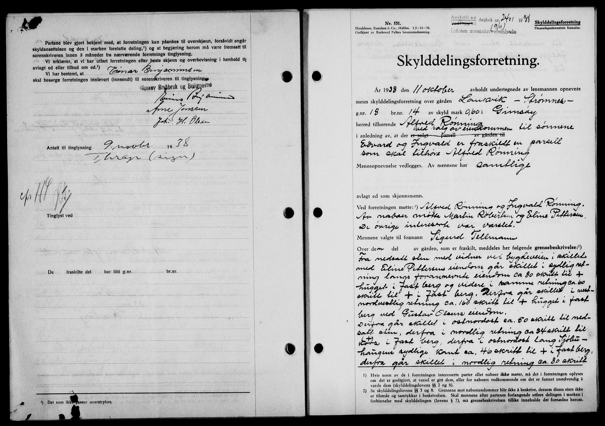 Lofoten sorenskriveri, SAT/A-0017/1/2/2C/L0004a: Mortgage book no. 4a, 1938-1938, Diary no: : 2401/1938