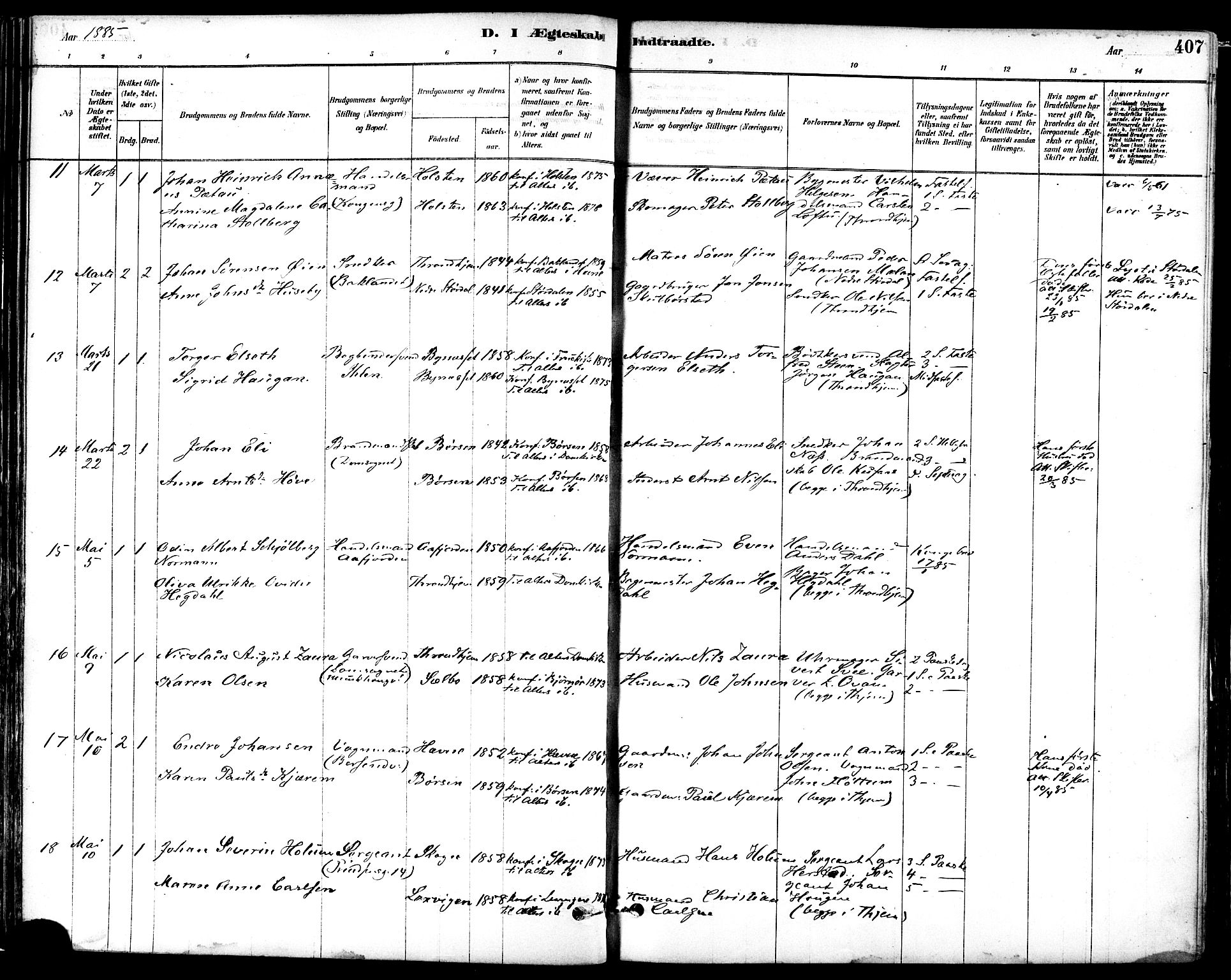 Ministerialprotokoller, klokkerbøker og fødselsregistre - Sør-Trøndelag, AV/SAT-A-1456/601/L0058: Parish register (official) no. 601A26, 1877-1891, p. 407