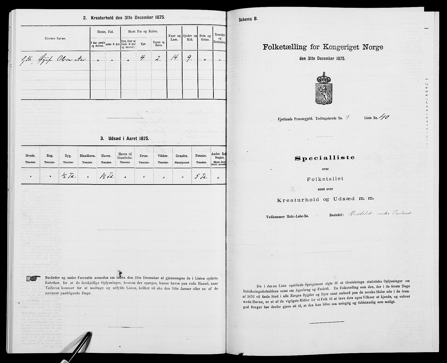 SAK, 1875 census for 1036P Fjotland, 1875, p. 295