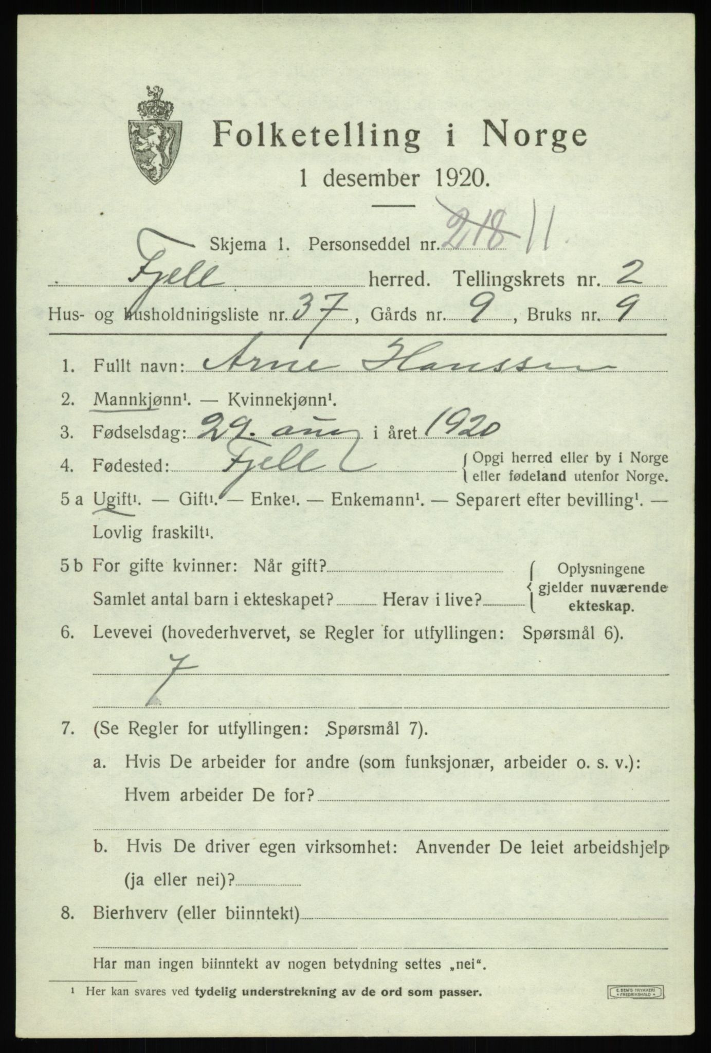 SAB, 1920 census for Fjell, 1920, p. 2684