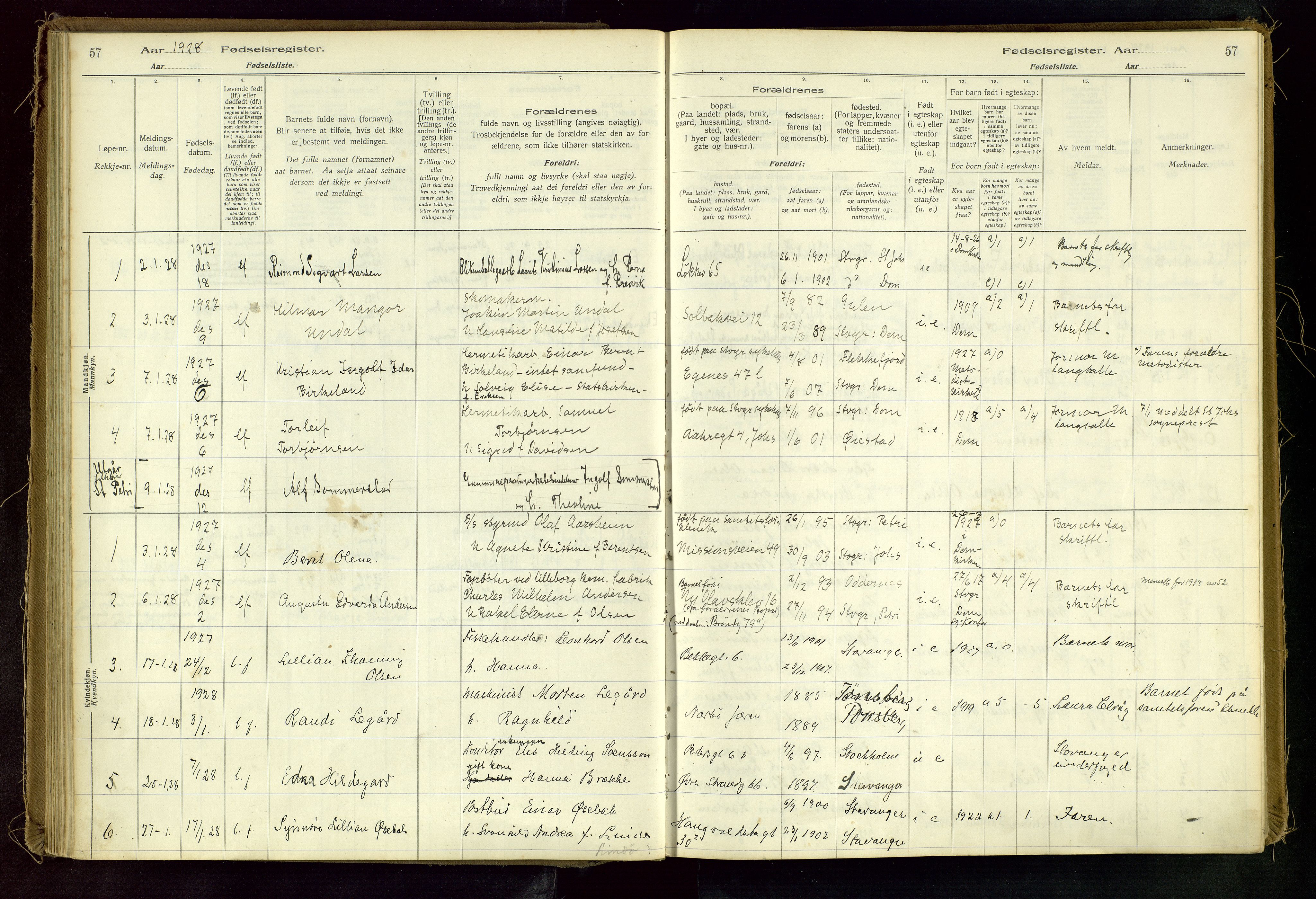 Domkirken sokneprestkontor, AV/SAST-A-101812/002/A/L0001: Birth register no. 1, 1925-1932, p. 57