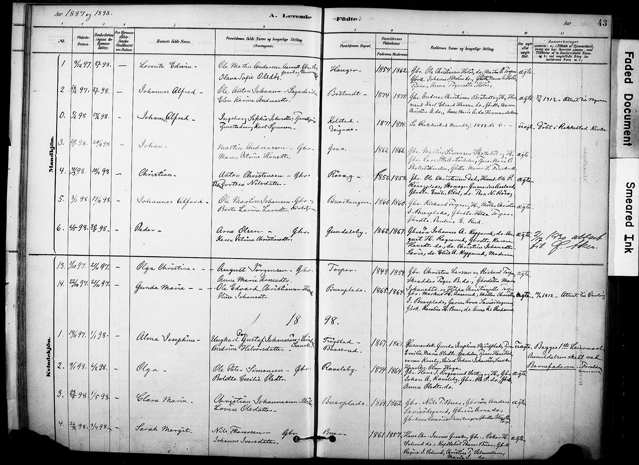 Rakkestad prestekontor Kirkebøker, SAO/A-2008/F/Fc/L0001: Parish register (official) no. III 1, 1878-1905, p. 43