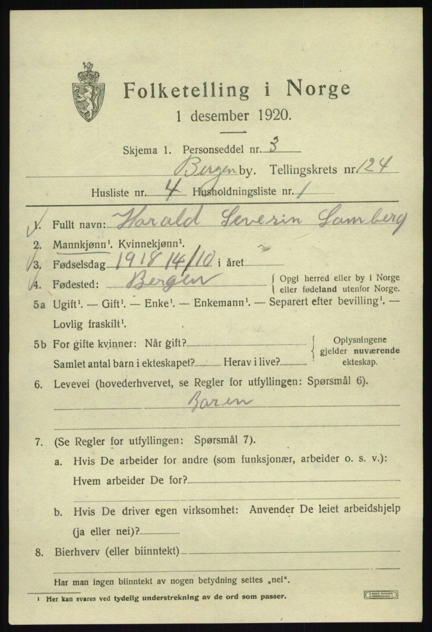 SAB, 1920 census for Bergen, 1920, p. 209273