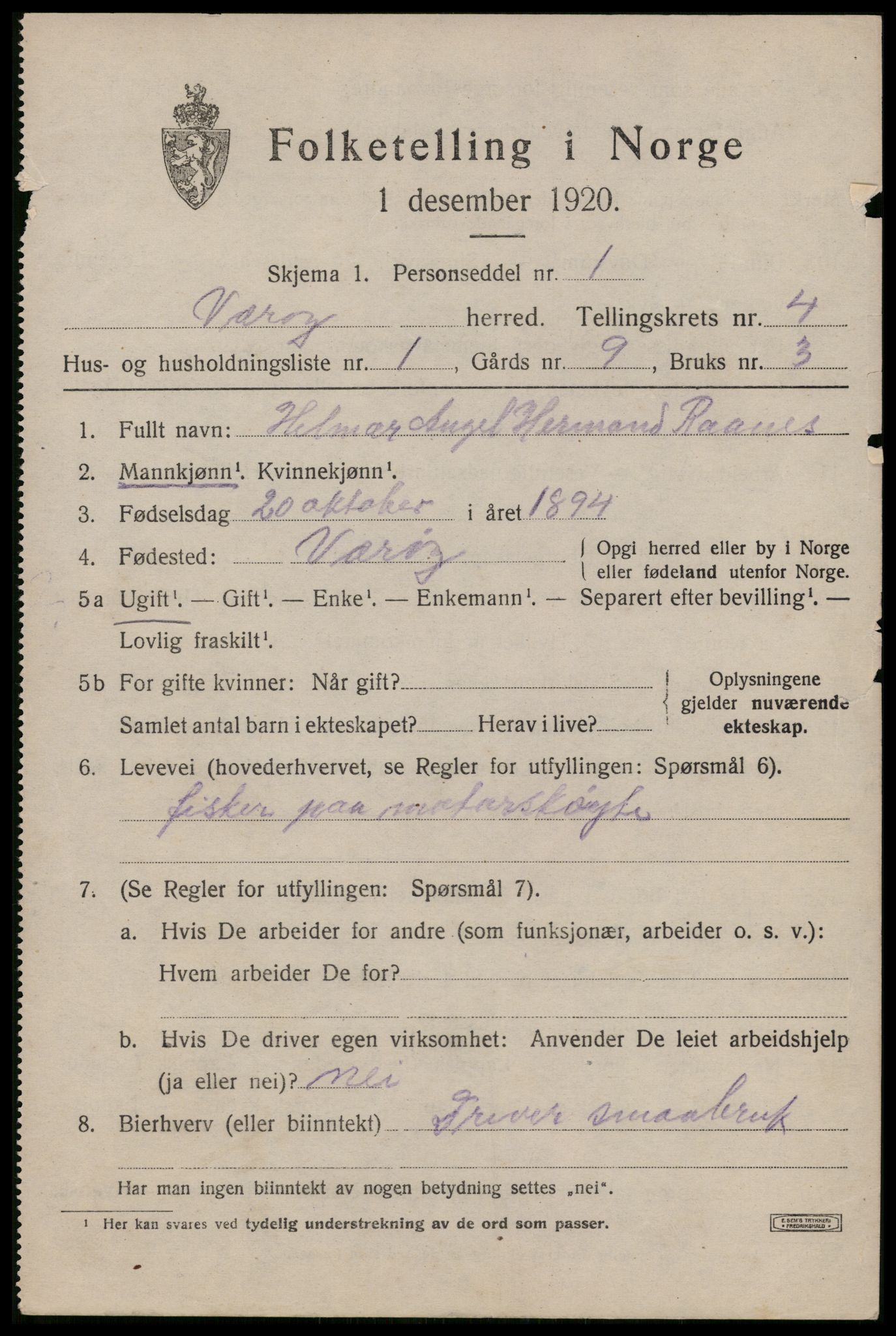 SAT, 1920 census for Værøy, 1920, p. 2445