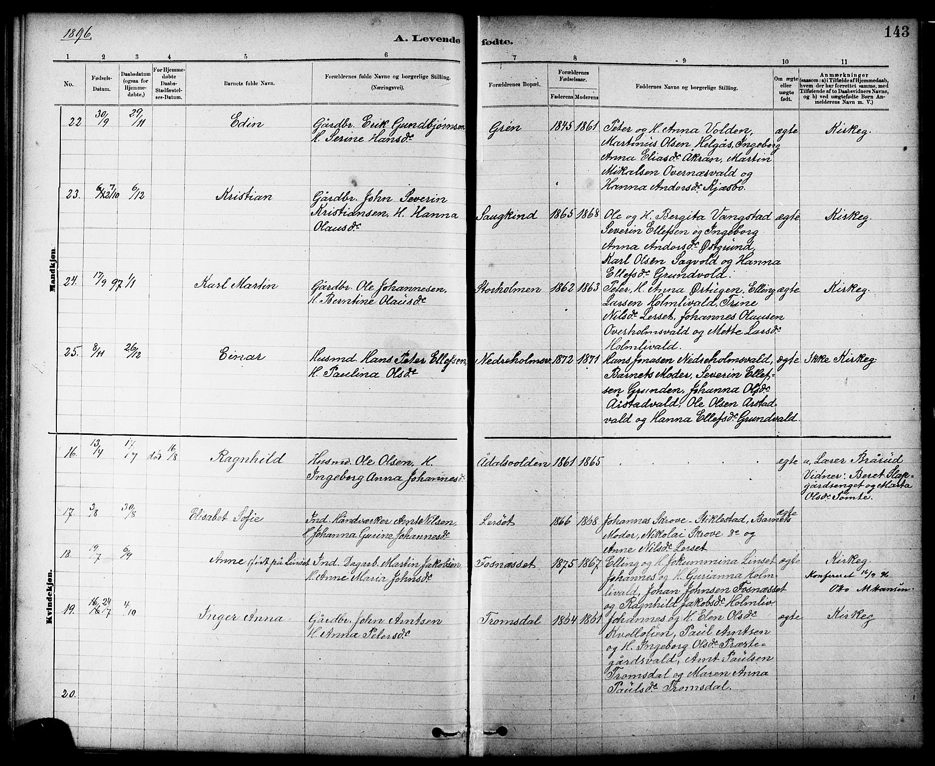 Ministerialprotokoller, klokkerbøker og fødselsregistre - Nord-Trøndelag, AV/SAT-A-1458/724/L0267: Parish register (copy) no. 724C03, 1879-1898, p. 143