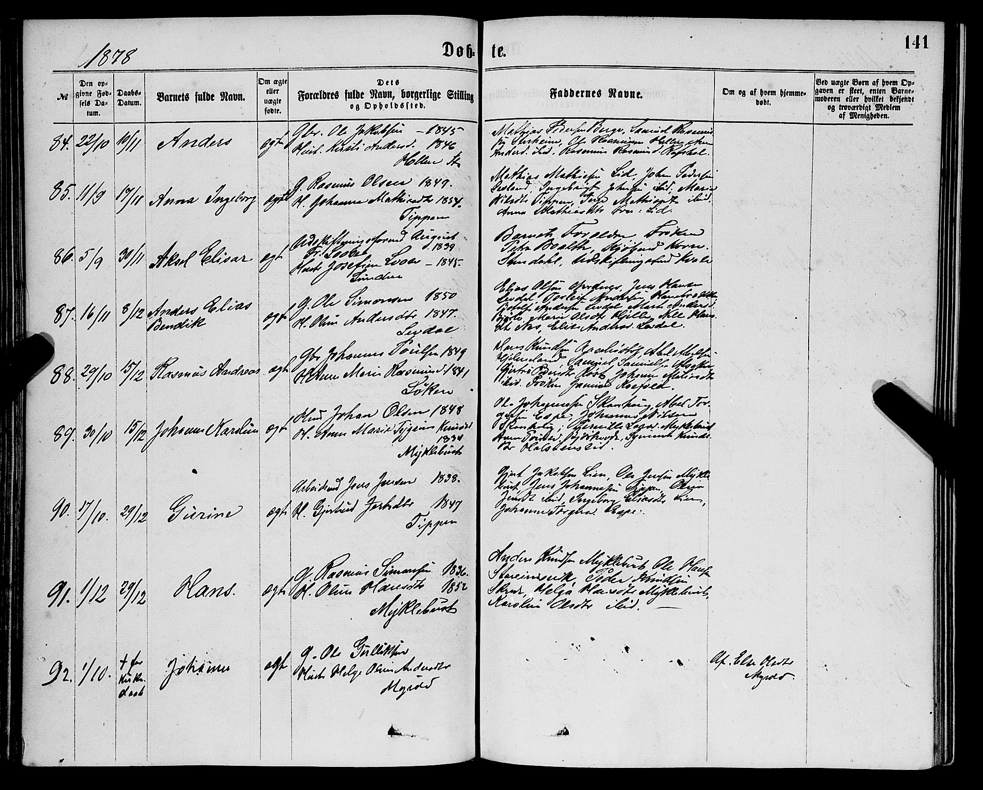 Eid sokneprestembete, AV/SAB-A-82301/H/Haa/Haaa/L0010: Parish register (official) no. A 10, 1867-1878, p. 141