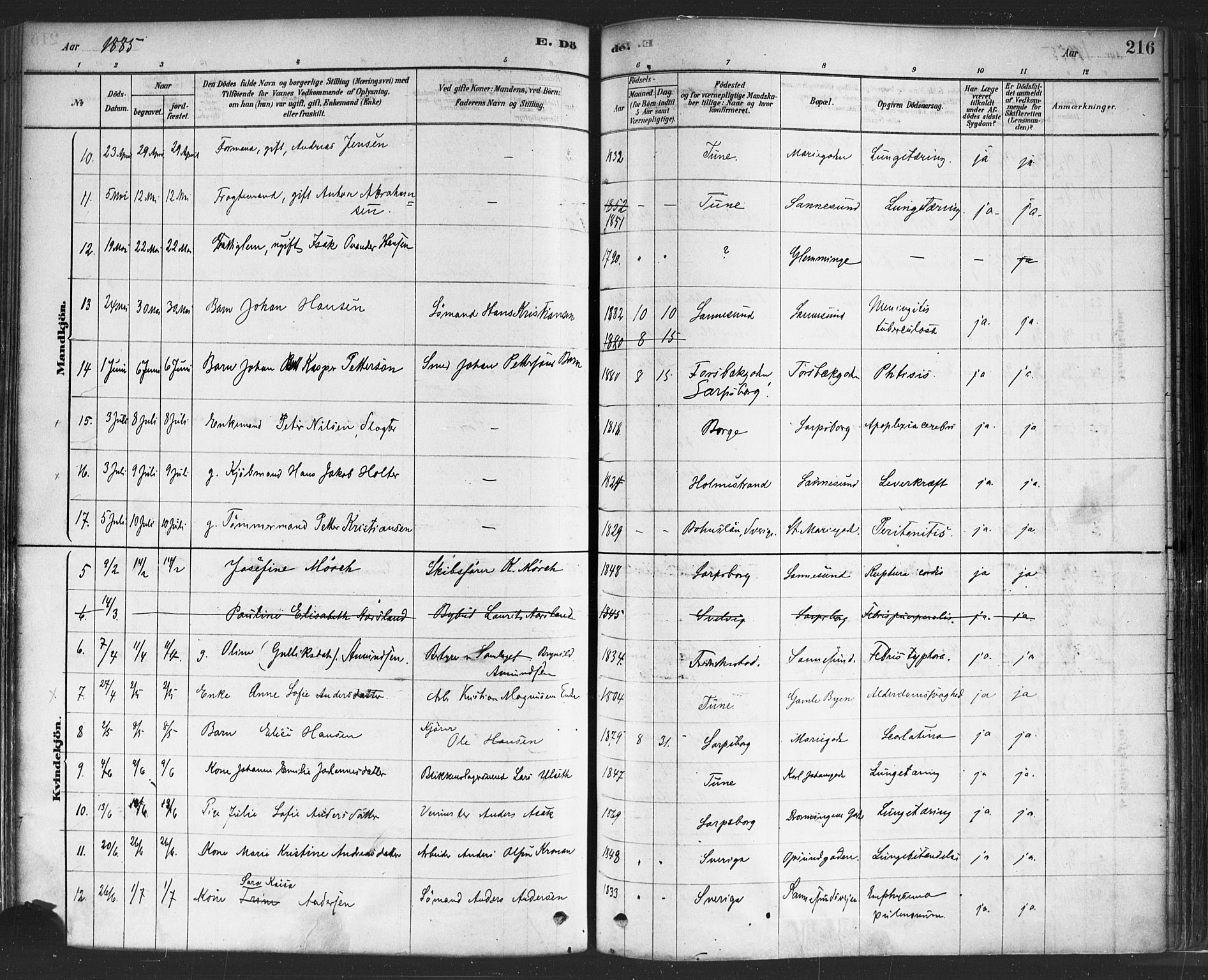 Sarpsborg prestekontor Kirkebøker, SAO/A-2006/F/Fa/L0003: Parish register (official) no. 3, 1878-1891, p. 216