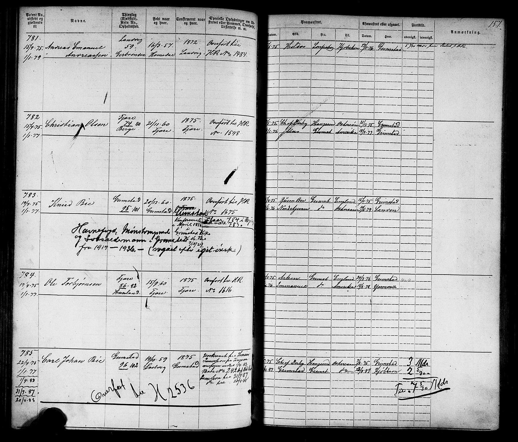 Grimstad mønstringskrets, SAK/2031-0013/F/Fa/L0005: Annotasjonsrulle nr 1-1910 med register, V-18, 1870-1892, p. 184