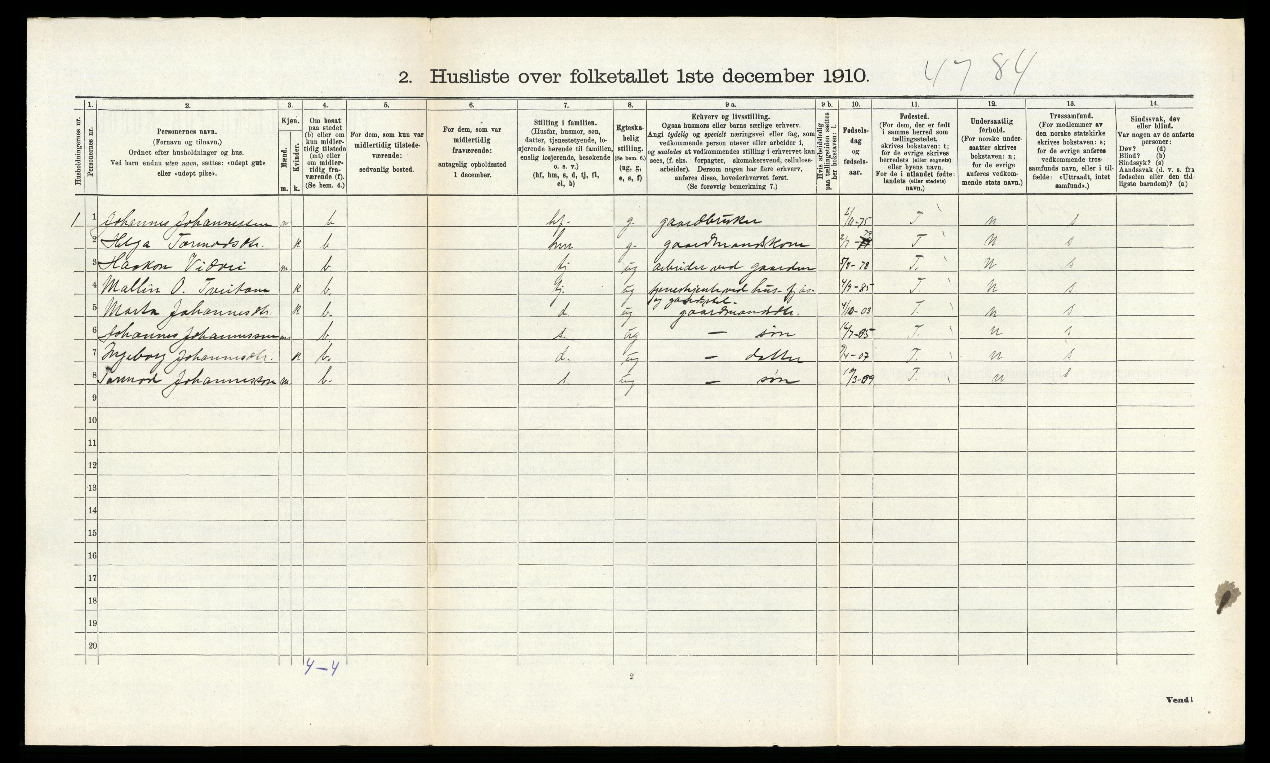 RA, 1910 census for Suldal, 1910, p. 208