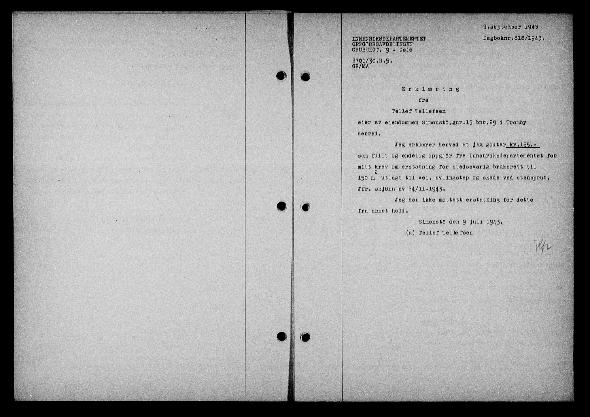 Nedenes sorenskriveri, SAK/1221-0006/G/Gb/Gba/L0051: Mortgage book no. A-V, 1943-1944, Diary no: : 818/1943