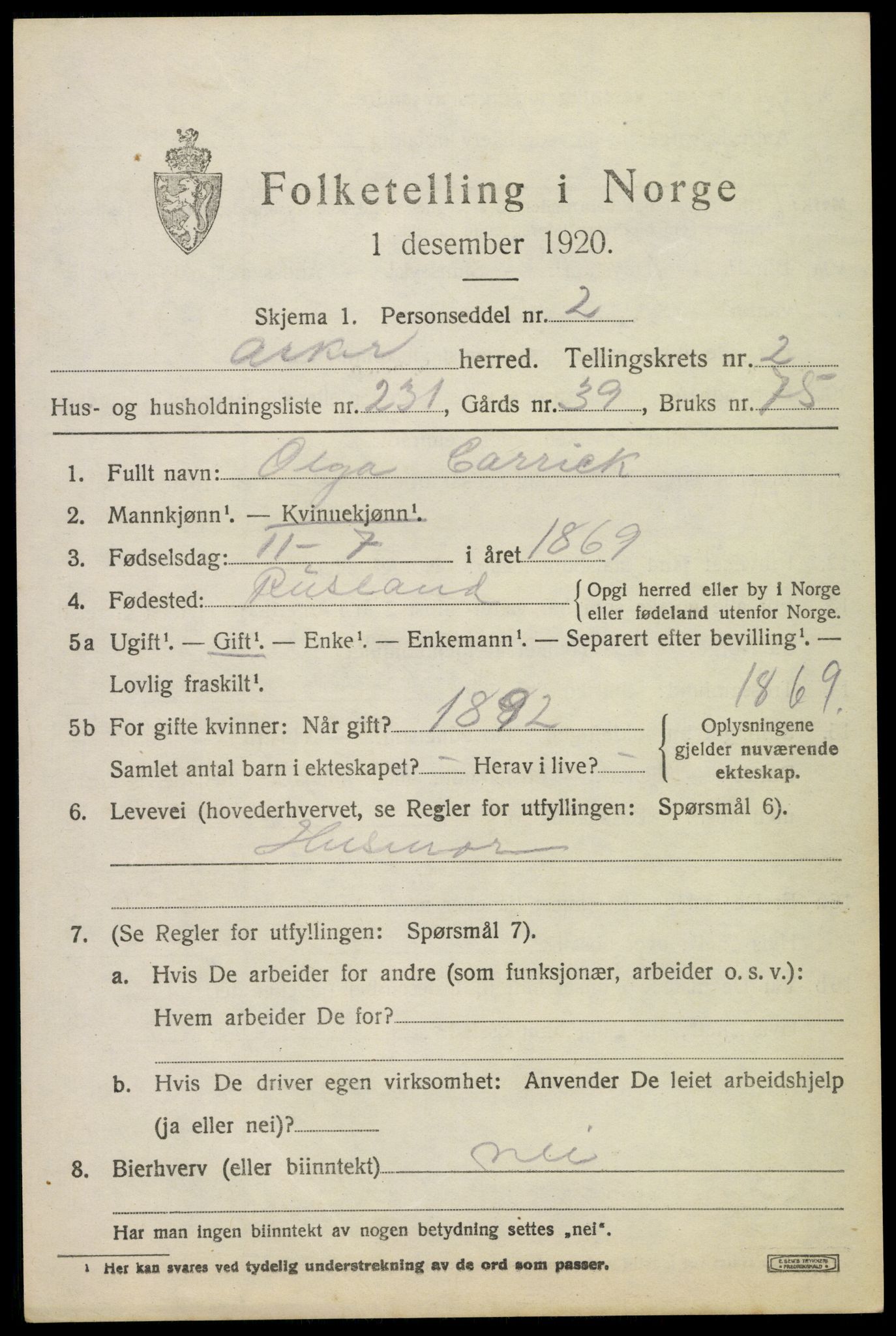 SAO, 1920 census for Asker, 1920, p. 8170