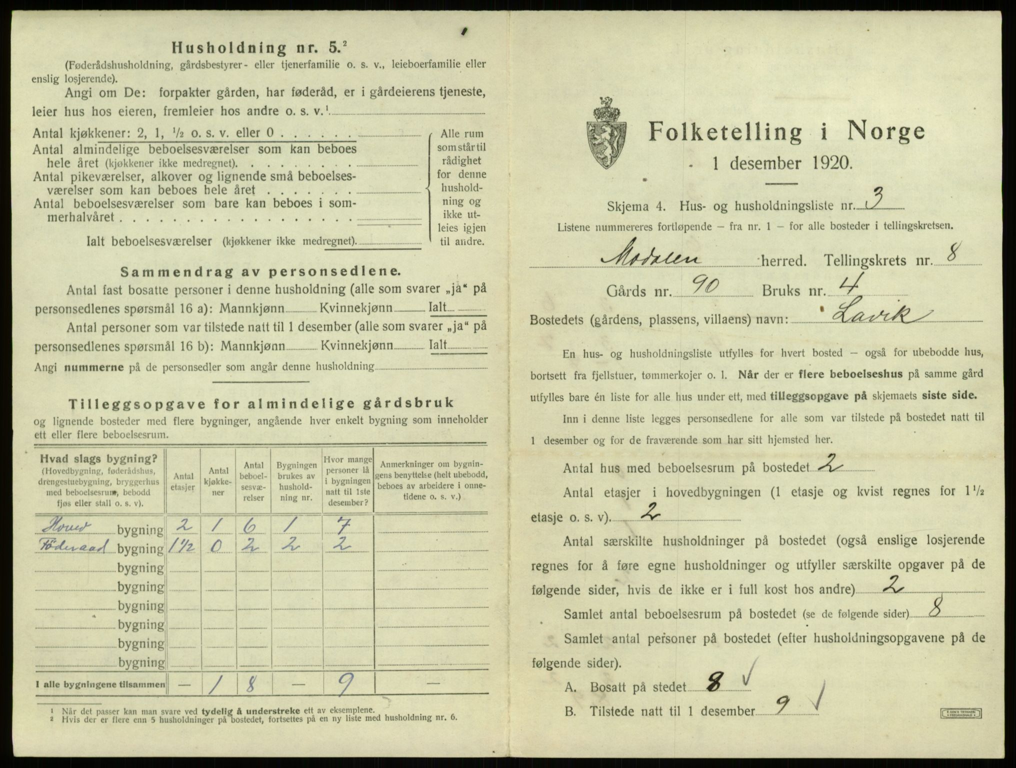 SAB, 1920 census for Modalen, 1920, p. 218