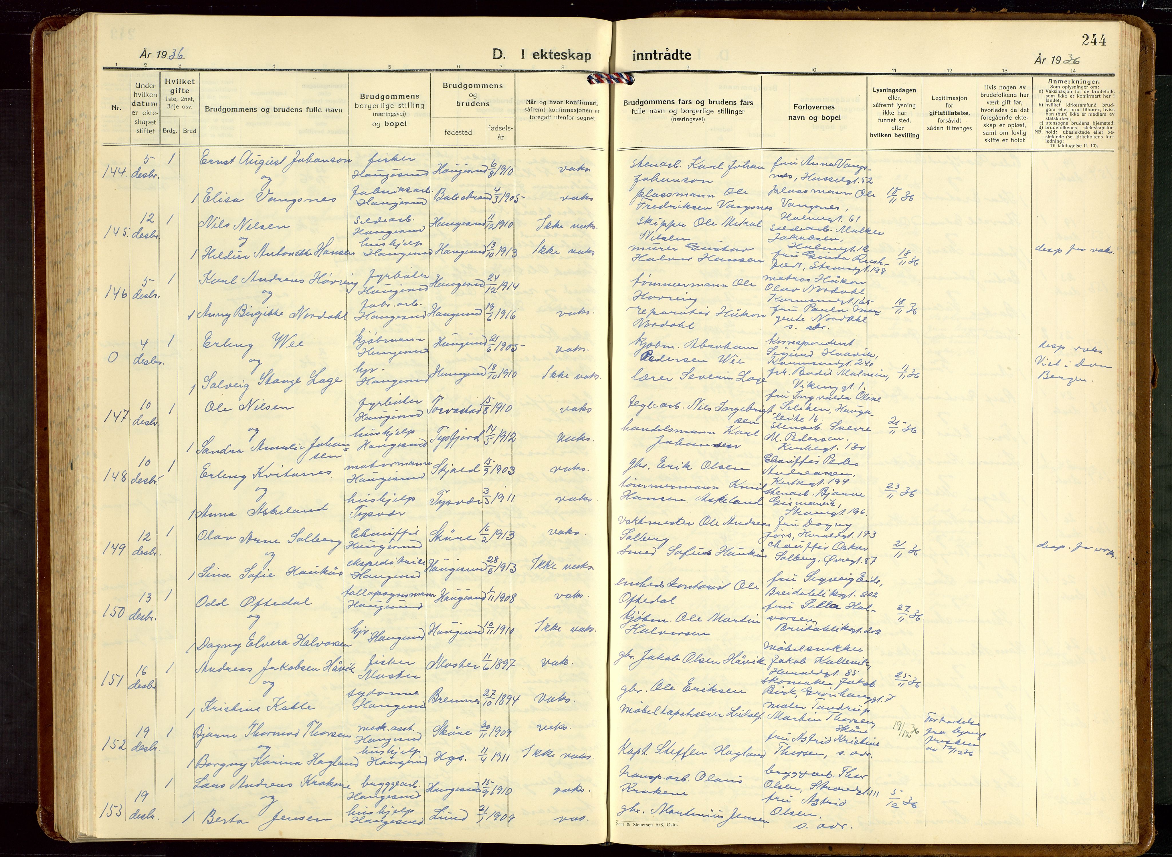 Haugesund sokneprestkontor, AV/SAST-A -101863/H/Ha/Hab/L0013: Parish register (copy) no. B 13, 1931-1943, p. 244