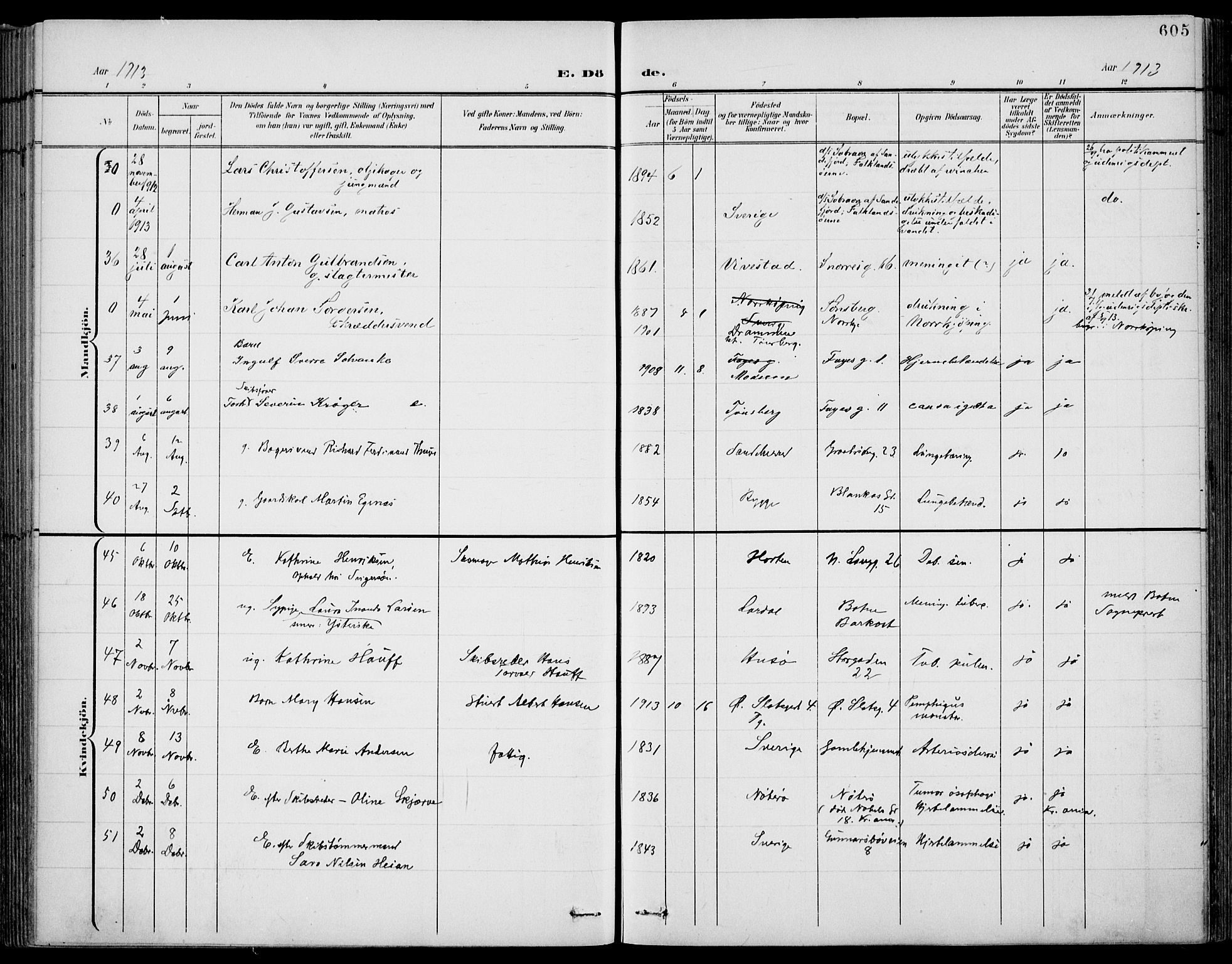 Tønsberg kirkebøker, SAKO/A-330/F/Fa/L0013: Parish register (official) no. I 13, 1900-1913, p. 605