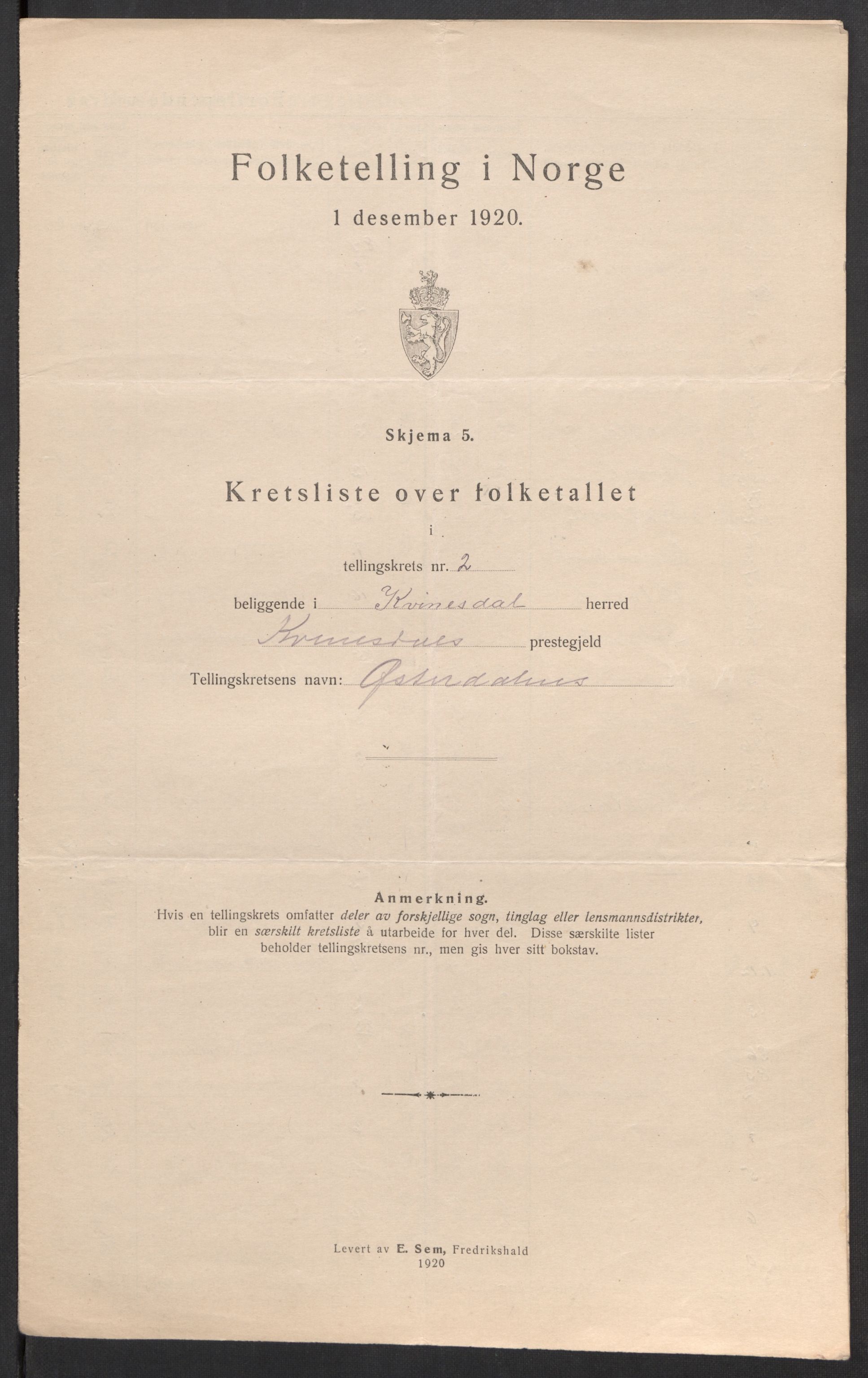 SAK, 1920 census for Kvinesdal, 1920, p. 9