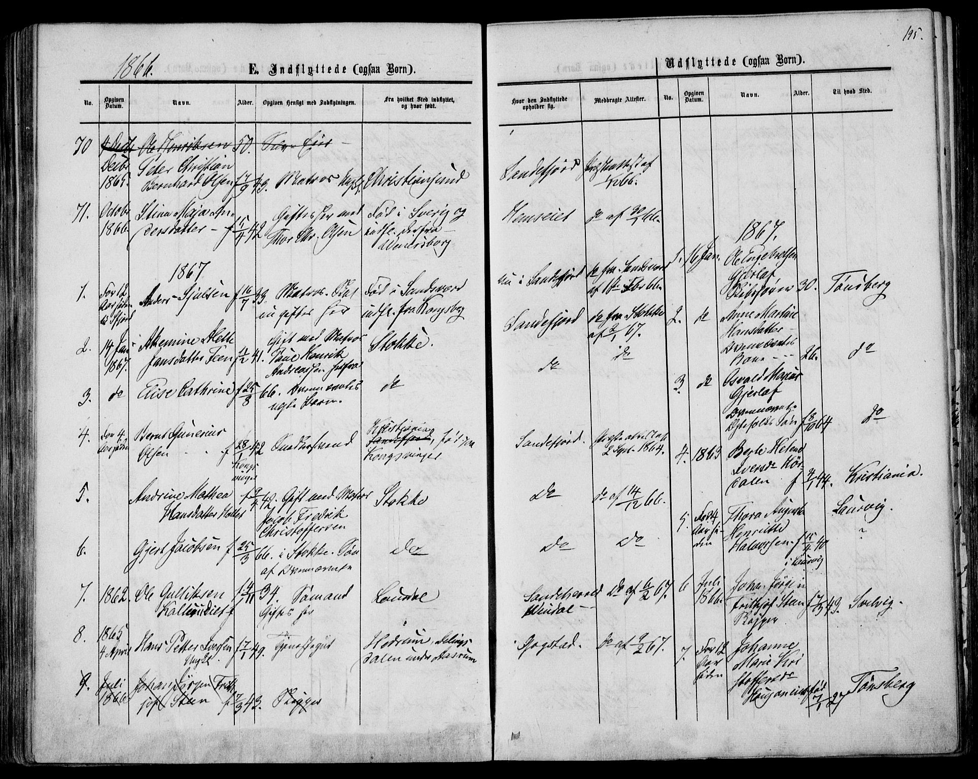 Sandar kirkebøker, SAKO/A-243/F/Fa/L0009: Parish register (official) no. 9, 1862-1871, p. 195