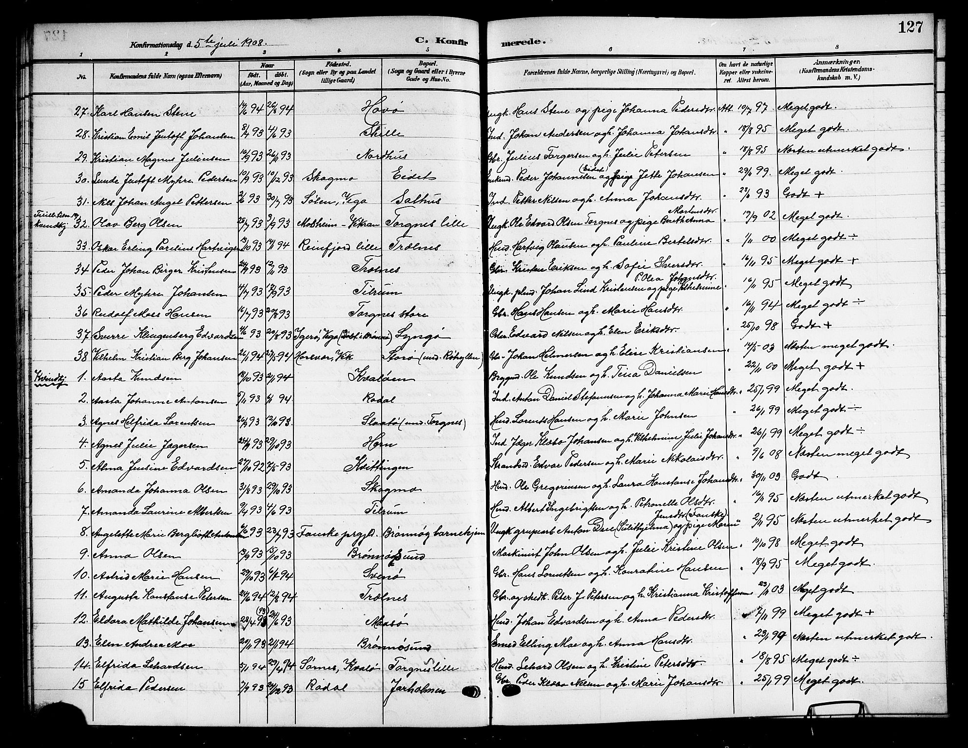 Ministerialprotokoller, klokkerbøker og fødselsregistre - Nordland, SAT/A-1459/813/L0214: Parish register (copy) no. 813C06, 1904-1917, p. 127