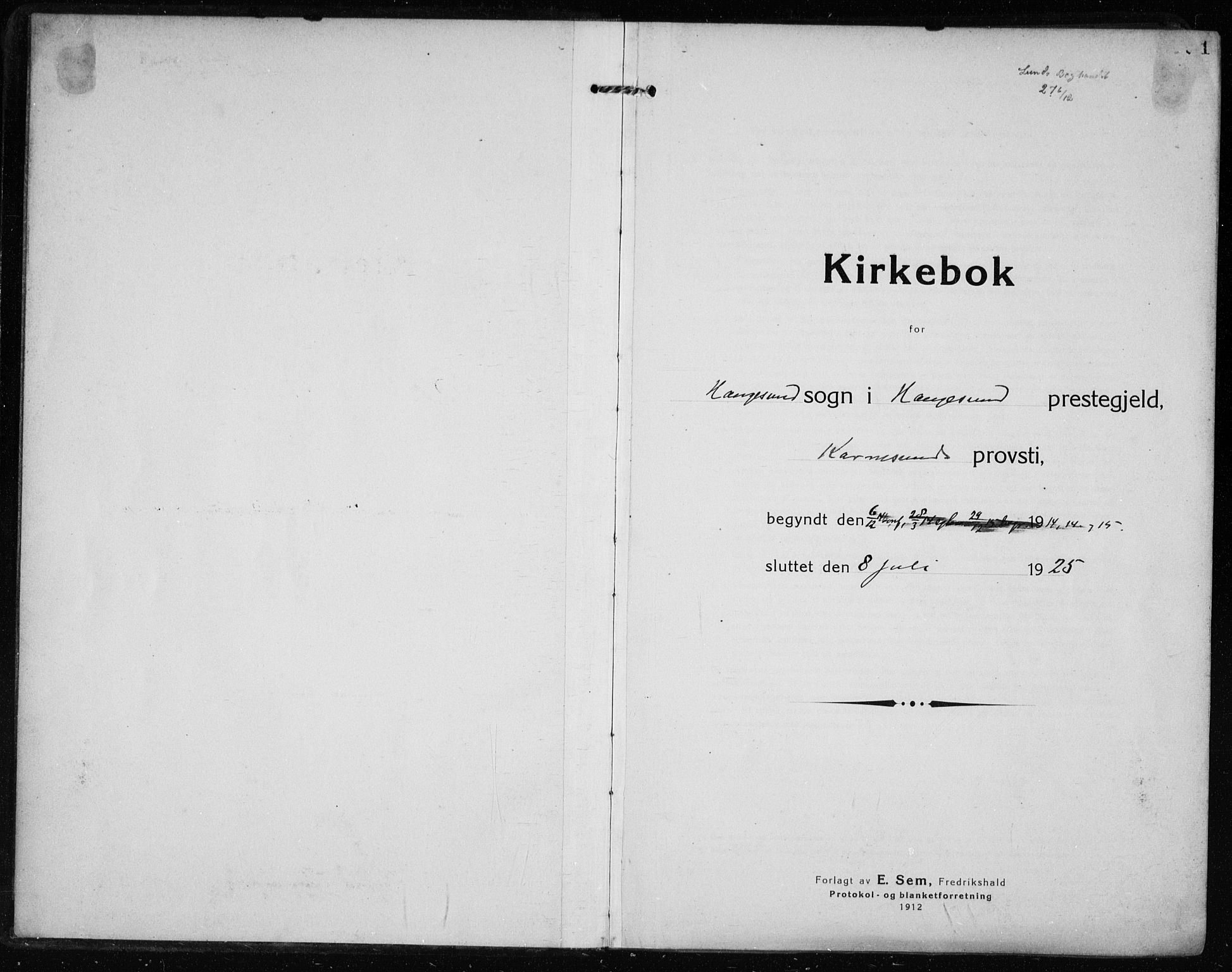 Haugesund sokneprestkontor, SAST/A -101863/H/Ha/Haa/L0009: Parish register (official) no. A 9, 1914-1929, p. 1