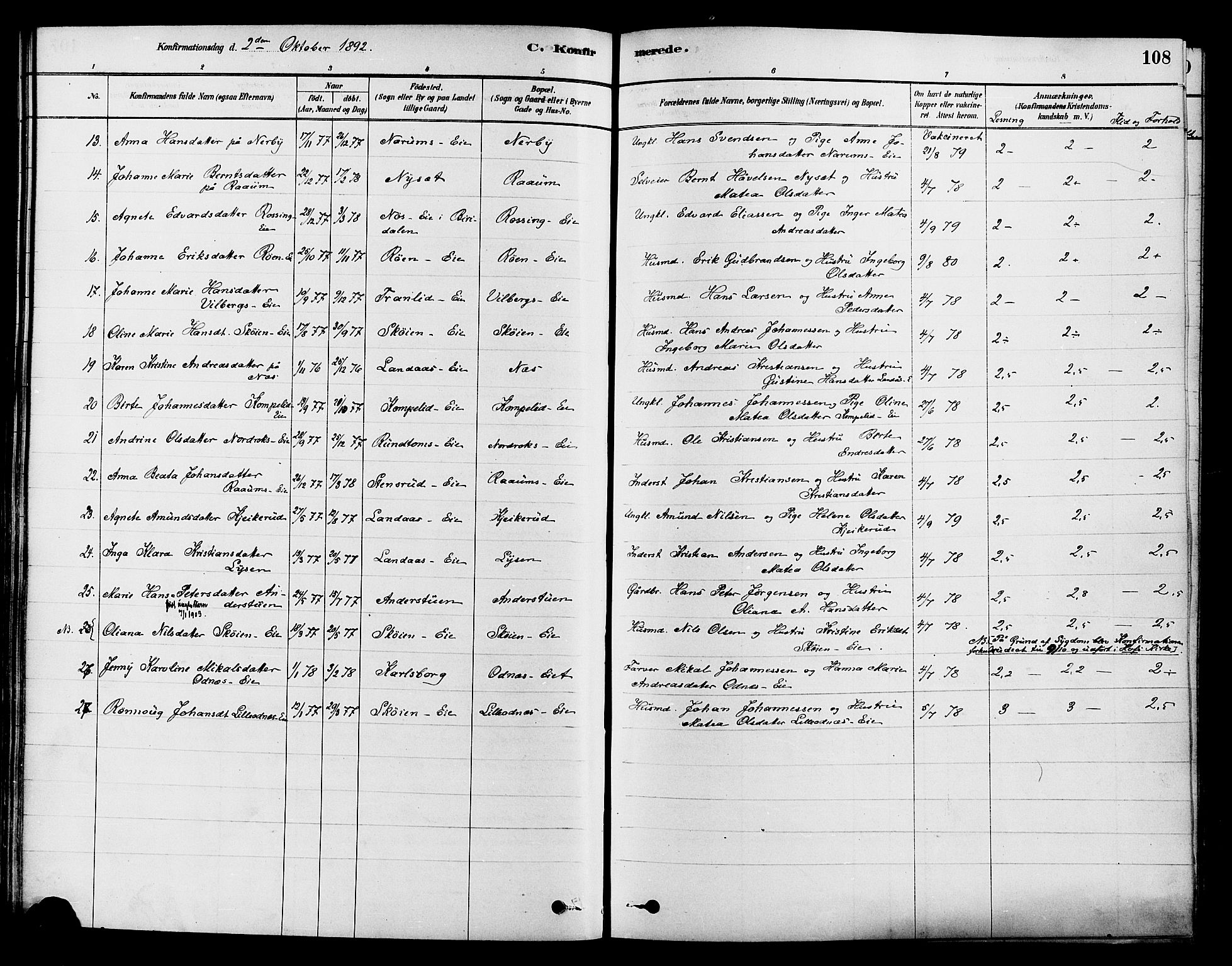 Søndre Land prestekontor, AV/SAH-PREST-122/K/L0002: Parish register (official) no. 2, 1878-1894, p. 108