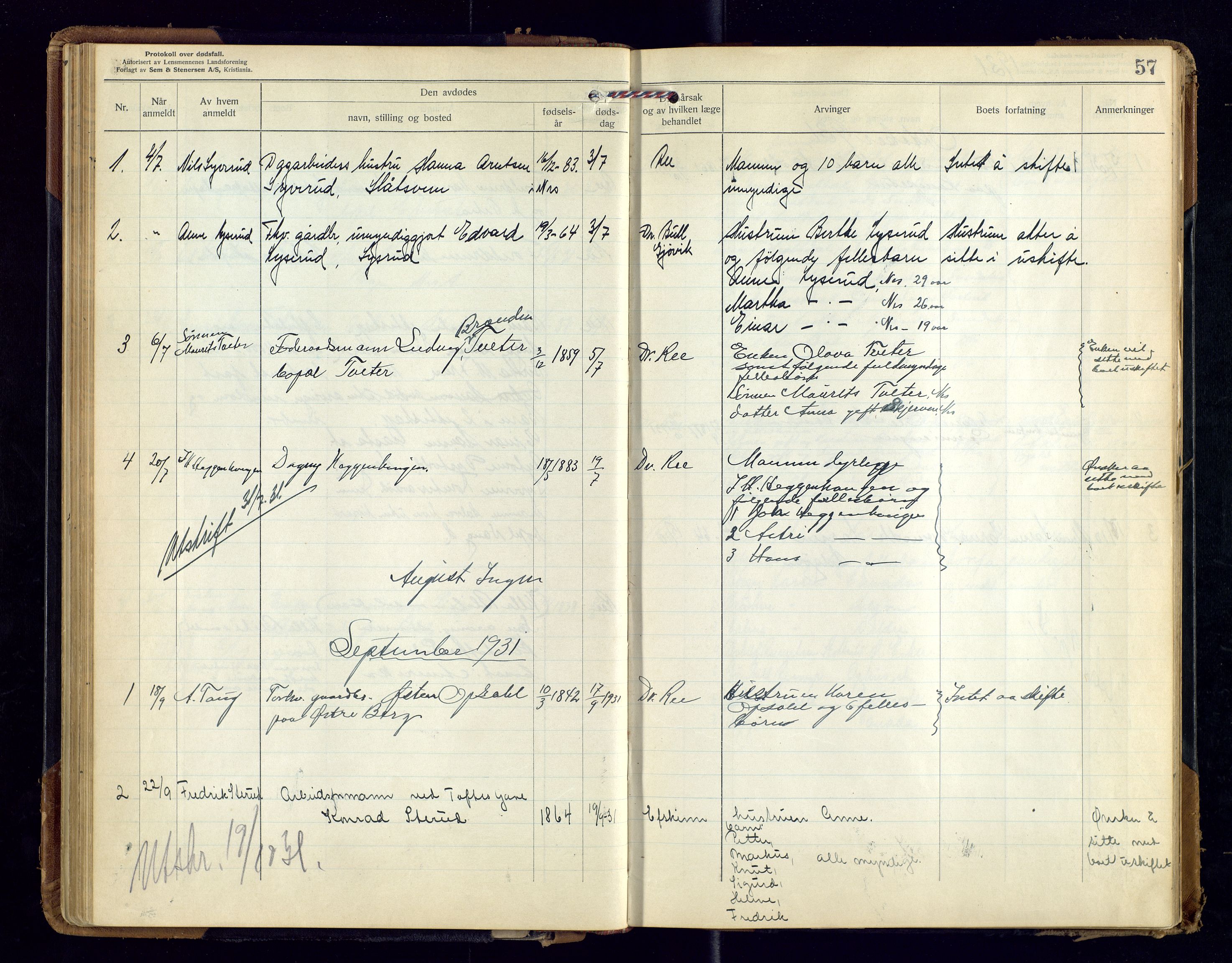 Nes, Hedmark, lensmannskontor, AV/SAH-LHB-008/H/Ha/L0001: Dødsfallsprotokoll, 1923-1948, p. 57