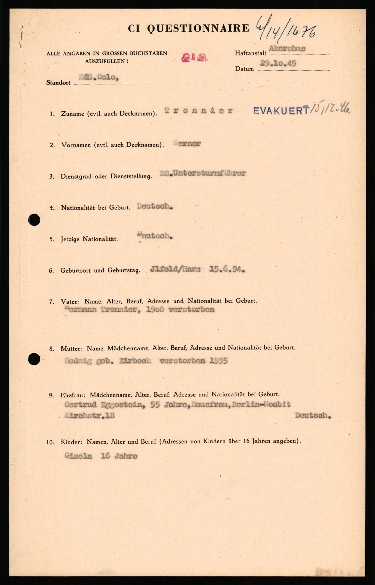 Forsvaret, Forsvarets overkommando II, AV/RA-RAFA-3915/D/Db/L0034: CI Questionaires. Tyske okkupasjonsstyrker i Norge. Tyskere., 1945-1946, p. 106