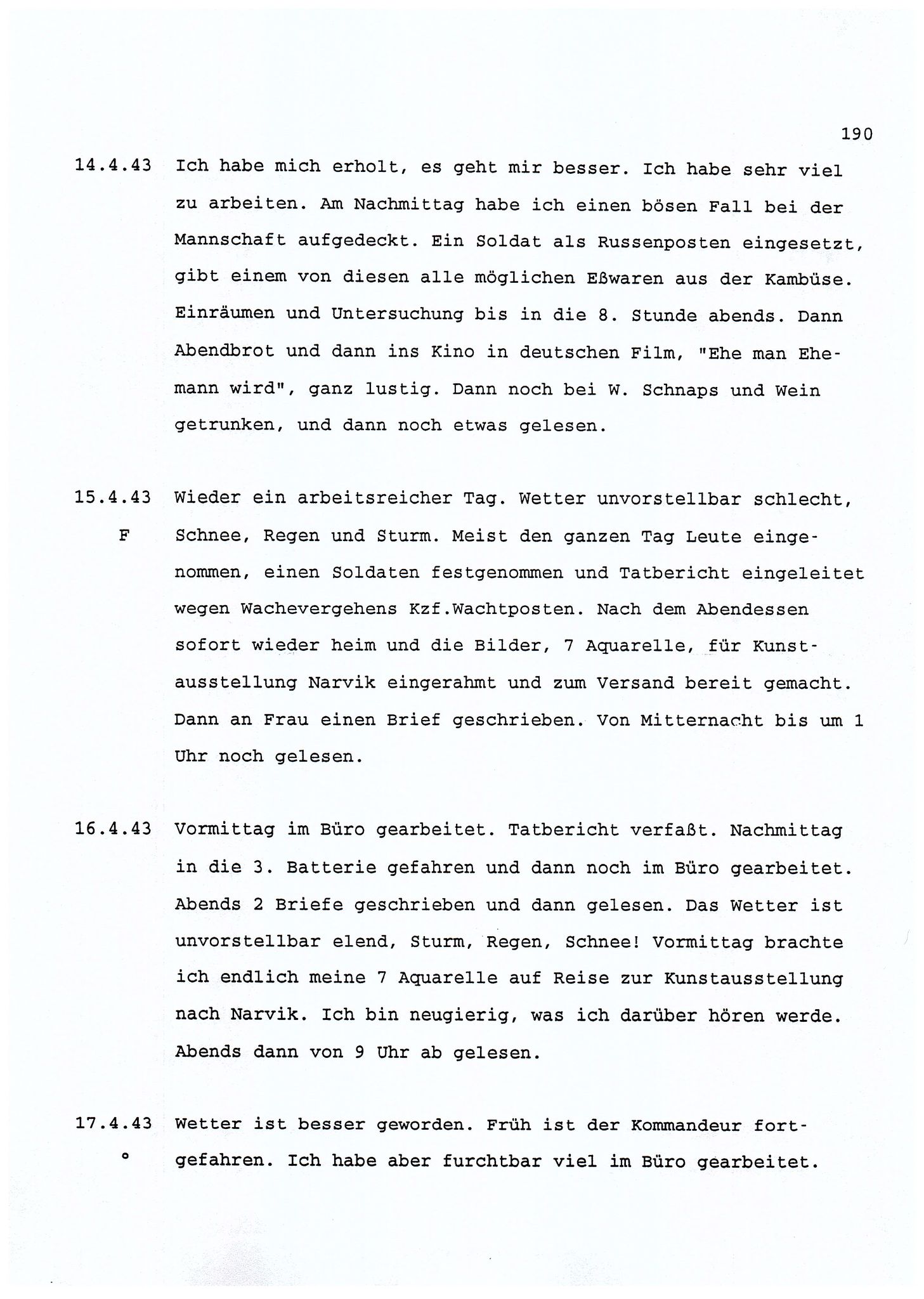 Dagbokopptegnelser av en tysk marineoffiser stasjonert i Norge , FMFB/A-1160/F/L0001: Dagbokopptegnelser av en tysk marineoffiser stasjonert i Norge, 1941-1944, p. 190