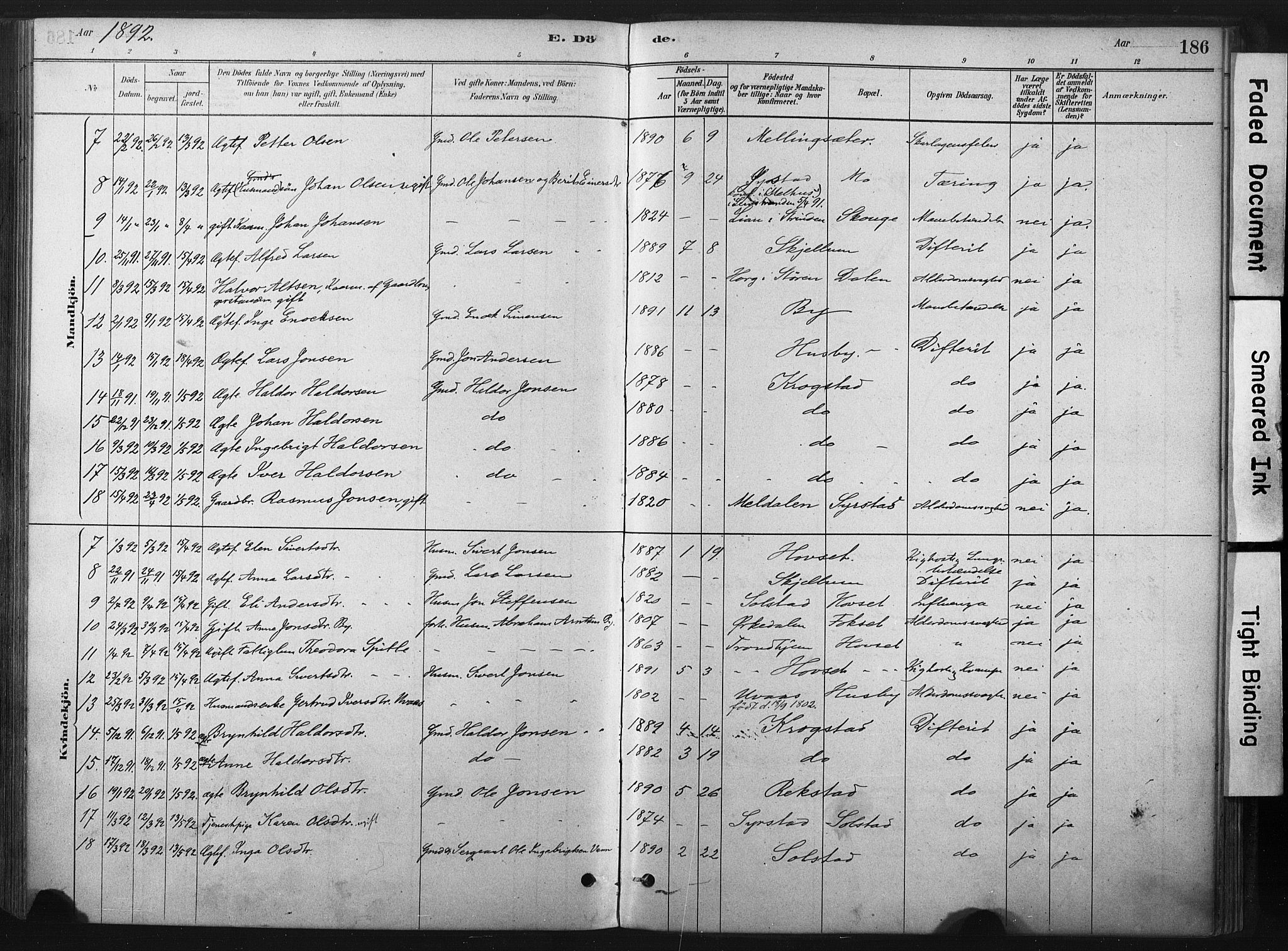 Ministerialprotokoller, klokkerbøker og fødselsregistre - Sør-Trøndelag, AV/SAT-A-1456/667/L0795: Parish register (official) no. 667A03, 1879-1907, p. 186