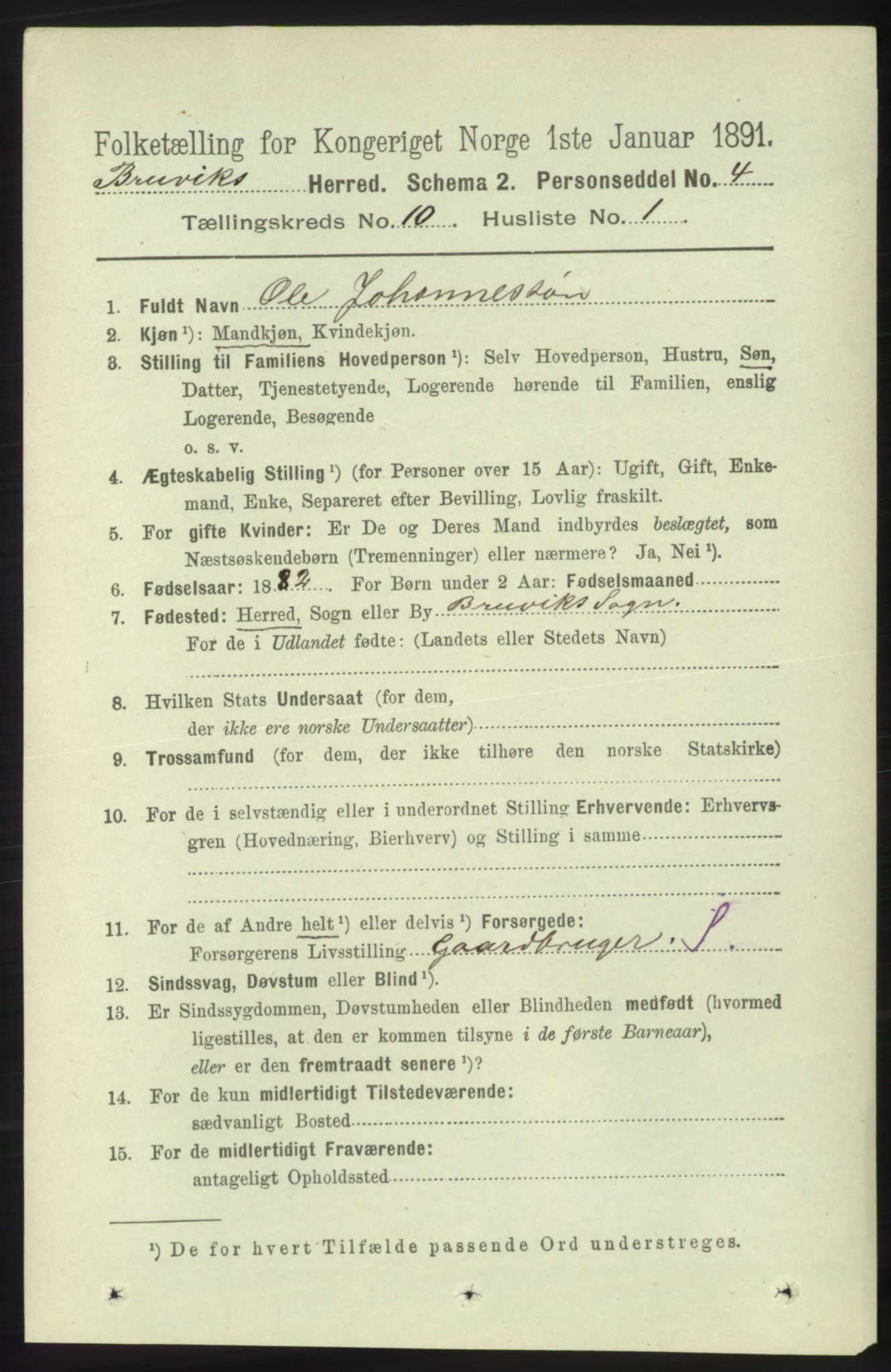 RA, 1891 census for 1251 Bruvik, 1891, p. 3657