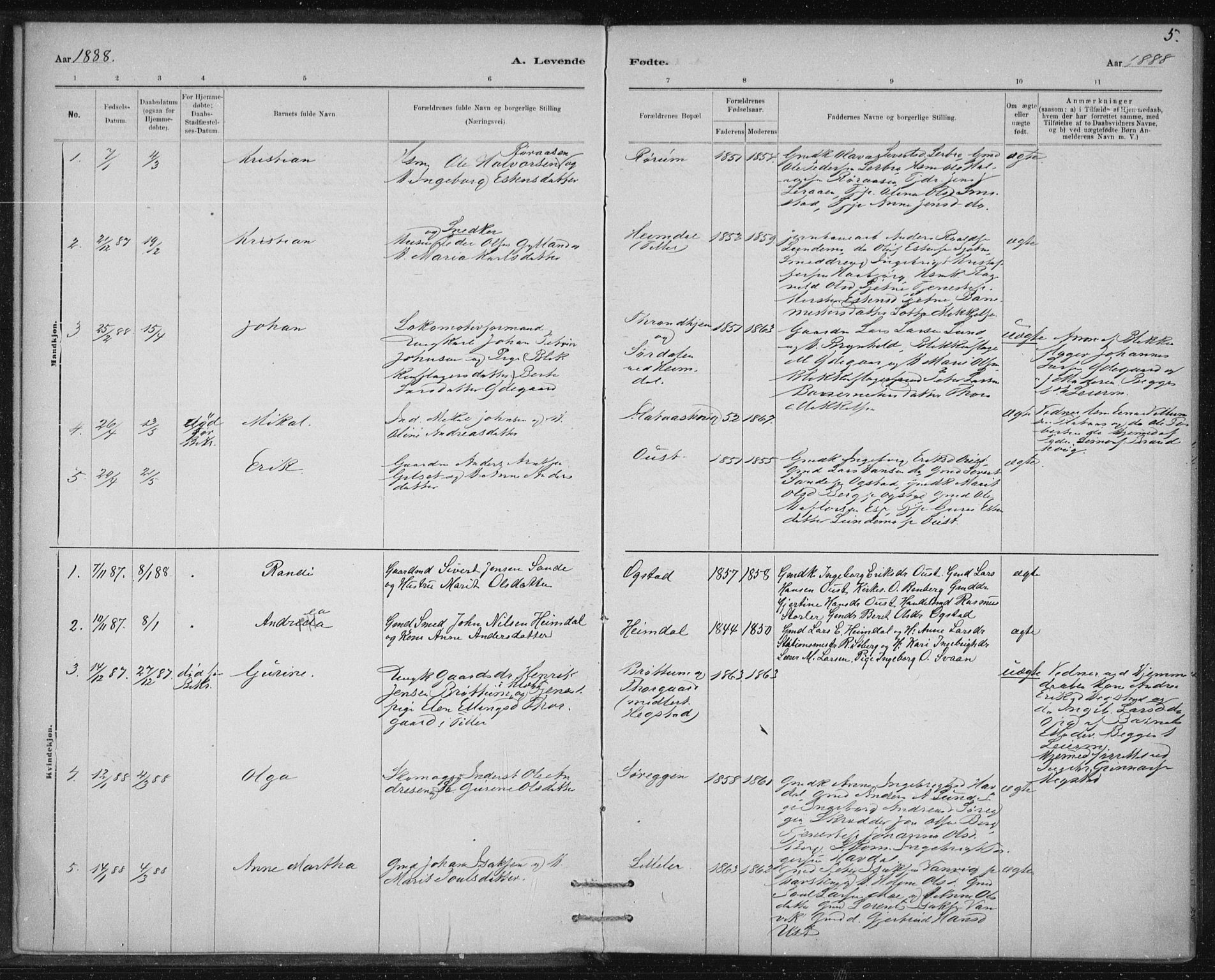 Ministerialprotokoller, klokkerbøker og fødselsregistre - Sør-Trøndelag, AV/SAT-A-1456/613/L0392: Parish register (official) no. 613A01, 1887-1906, p. 5