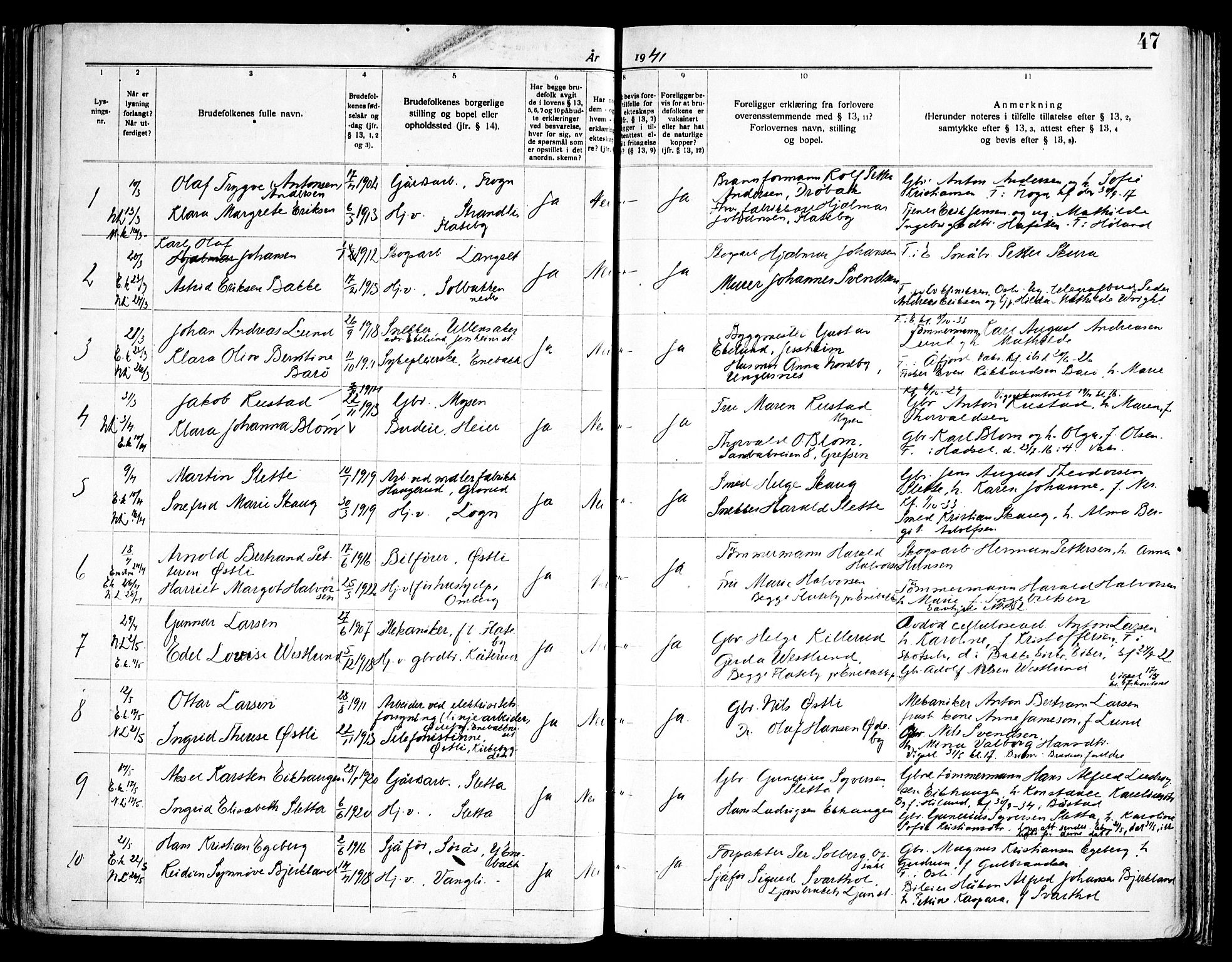 Enebakk prestekontor Kirkebøker, SAO/A-10171c/H/Ha/L0001: Banns register no. 1, 1919-1958, p. 47