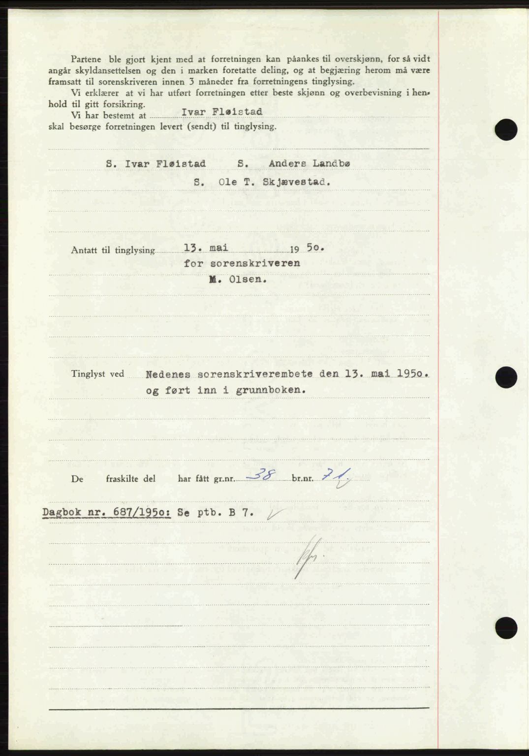 Nedenes sorenskriveri, AV/SAK-1221-0006/G/Gb/Gba/L0062: Mortgage book no. A14, 1949-1950, Diary no: : 686/1950