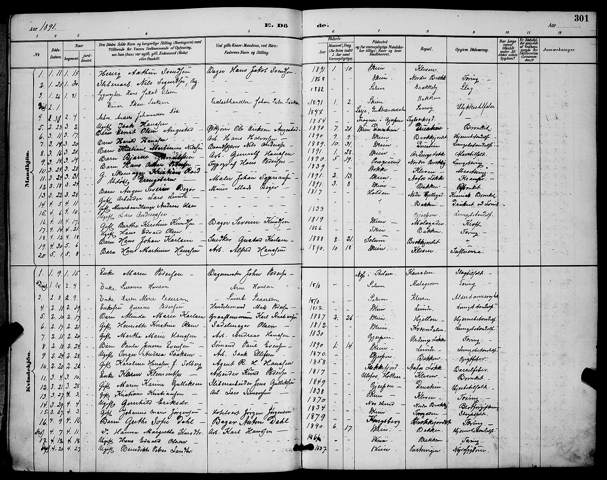 Skien kirkebøker, AV/SAKO-A-302/G/Ga/L0007: Parish register (copy) no. 7, 1891-1900, p. 301