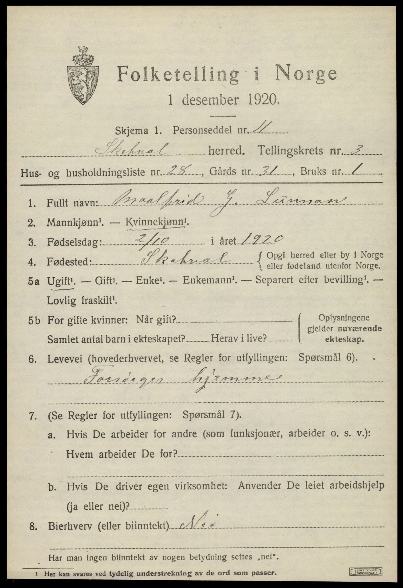 SAT, 1920 census for Skatval, 1920, p. 1747