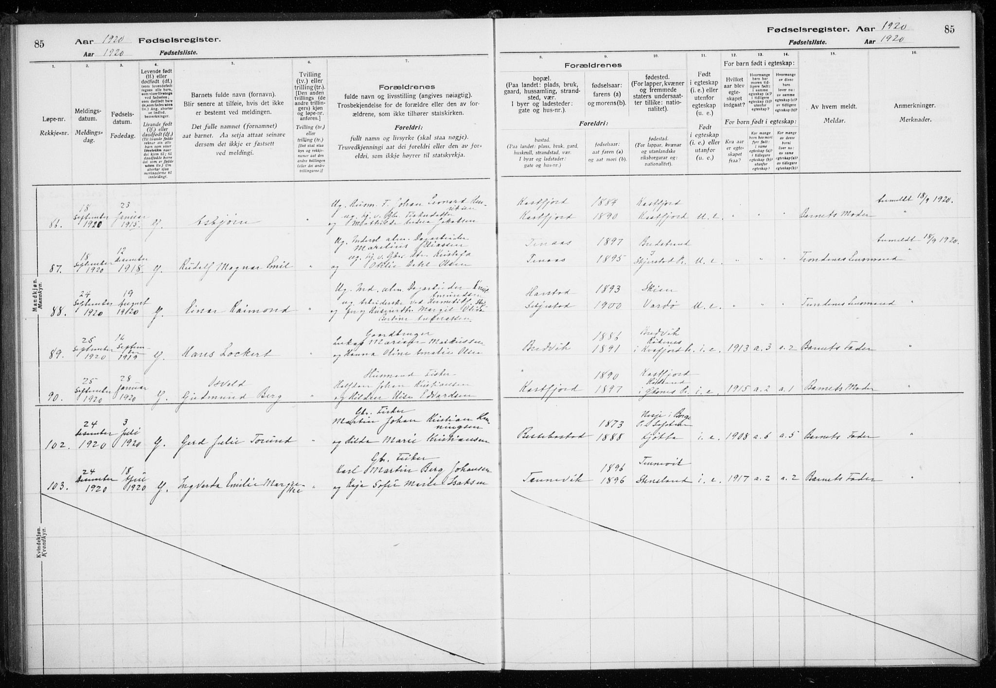 Trondenes sokneprestkontor, AV/SATØ-S-1319/I/Ia/L0089: Birth register no. 89, 1916-1925, p. 85