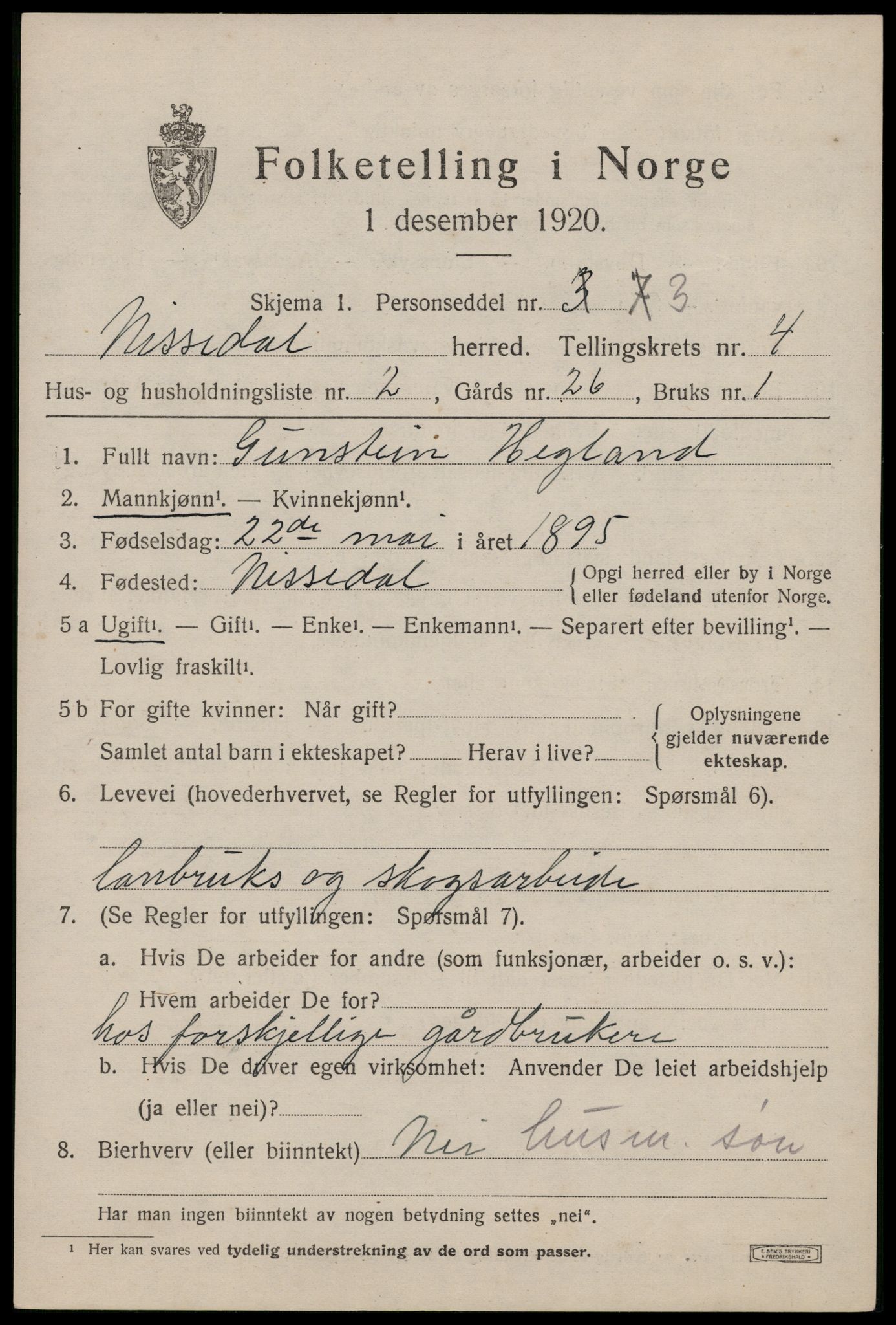 SAKO, 1920 census for Nissedal, 1920, p. 1839